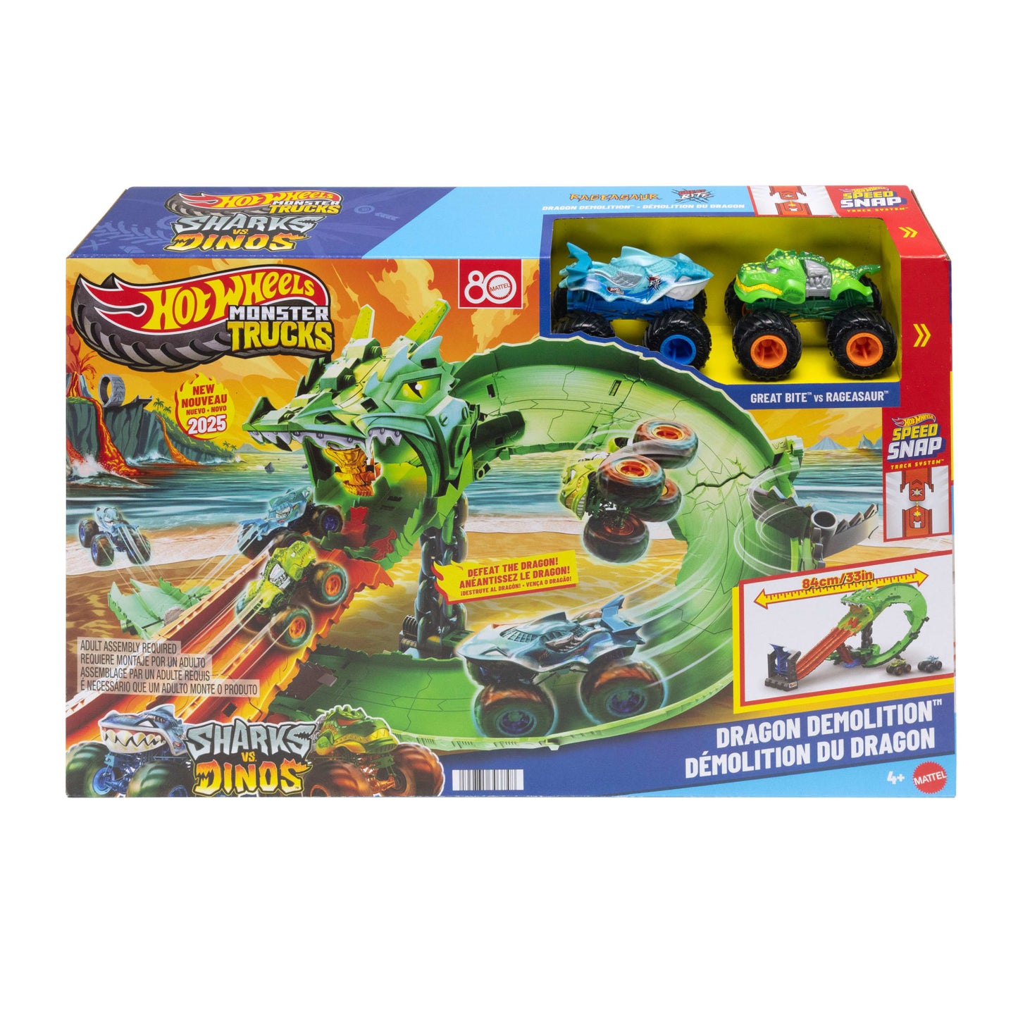 Hot Wheels Monster Trucks Pista de Juguete Tiburones vs. Dinosaurios Destrucción del Dragón