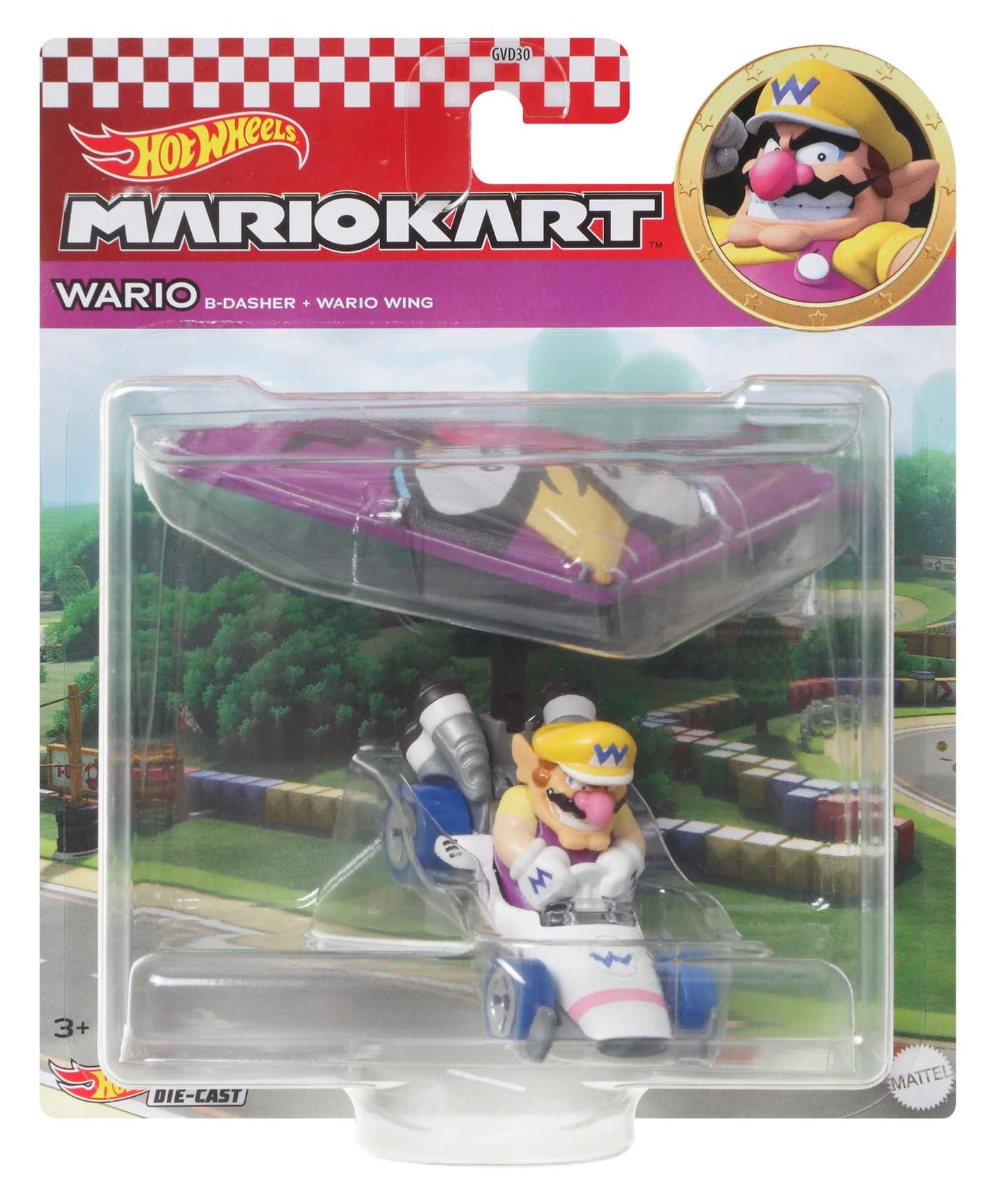 Hot Wheels Mario Kart Veículo de Brinquedo Waluigi B-Dasher com Wario Wing