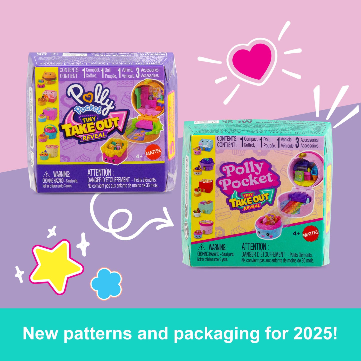 Polly Pocket Tiny Take Out Reveal Assortment, Micro Dolls & Compacts With Toy Cars, Food Theme Vehicle Collection