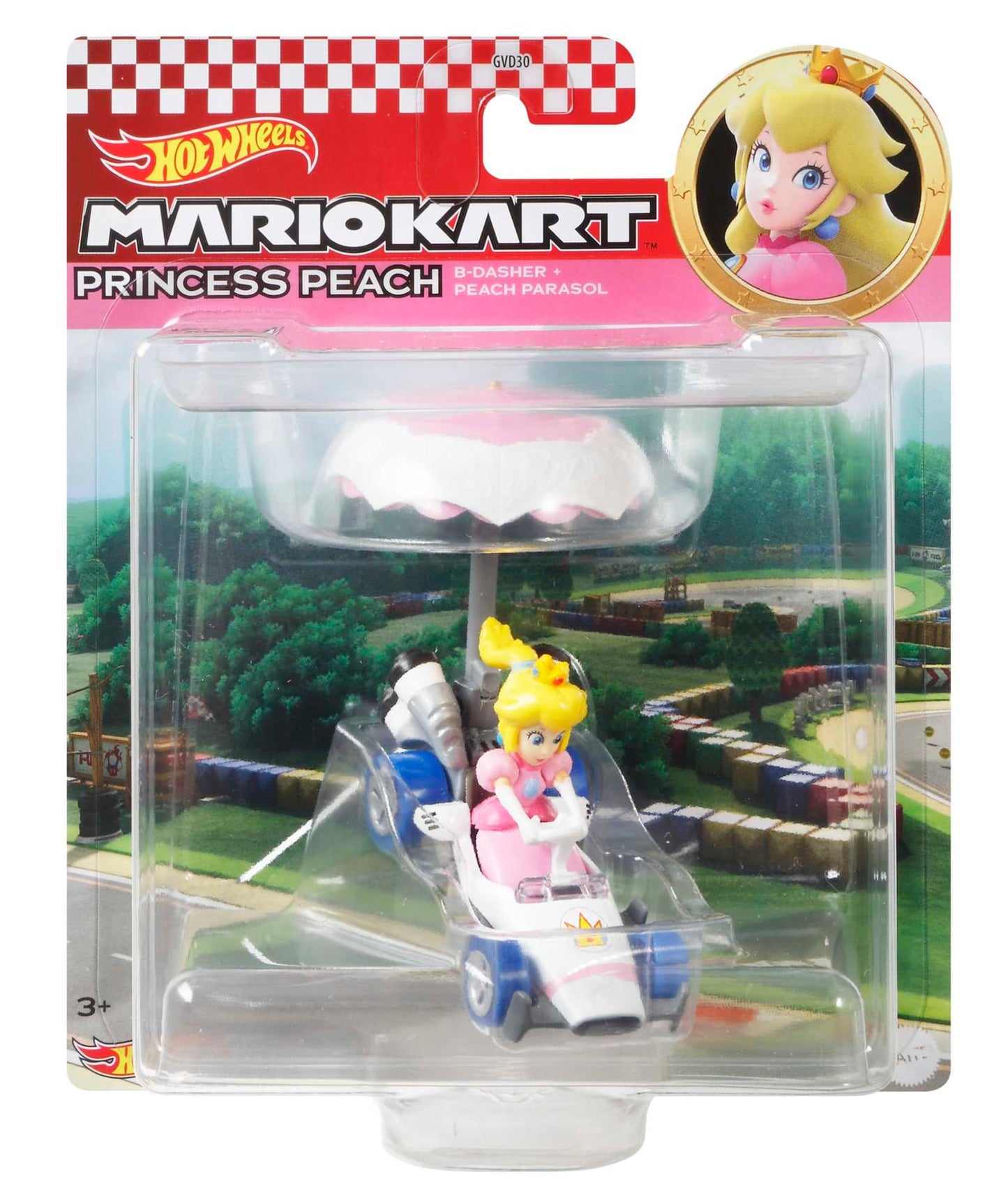 Hot Wheels Mario Kart Vehículo de Juguete Princesa Peach B-Dasher con Peach Parasol