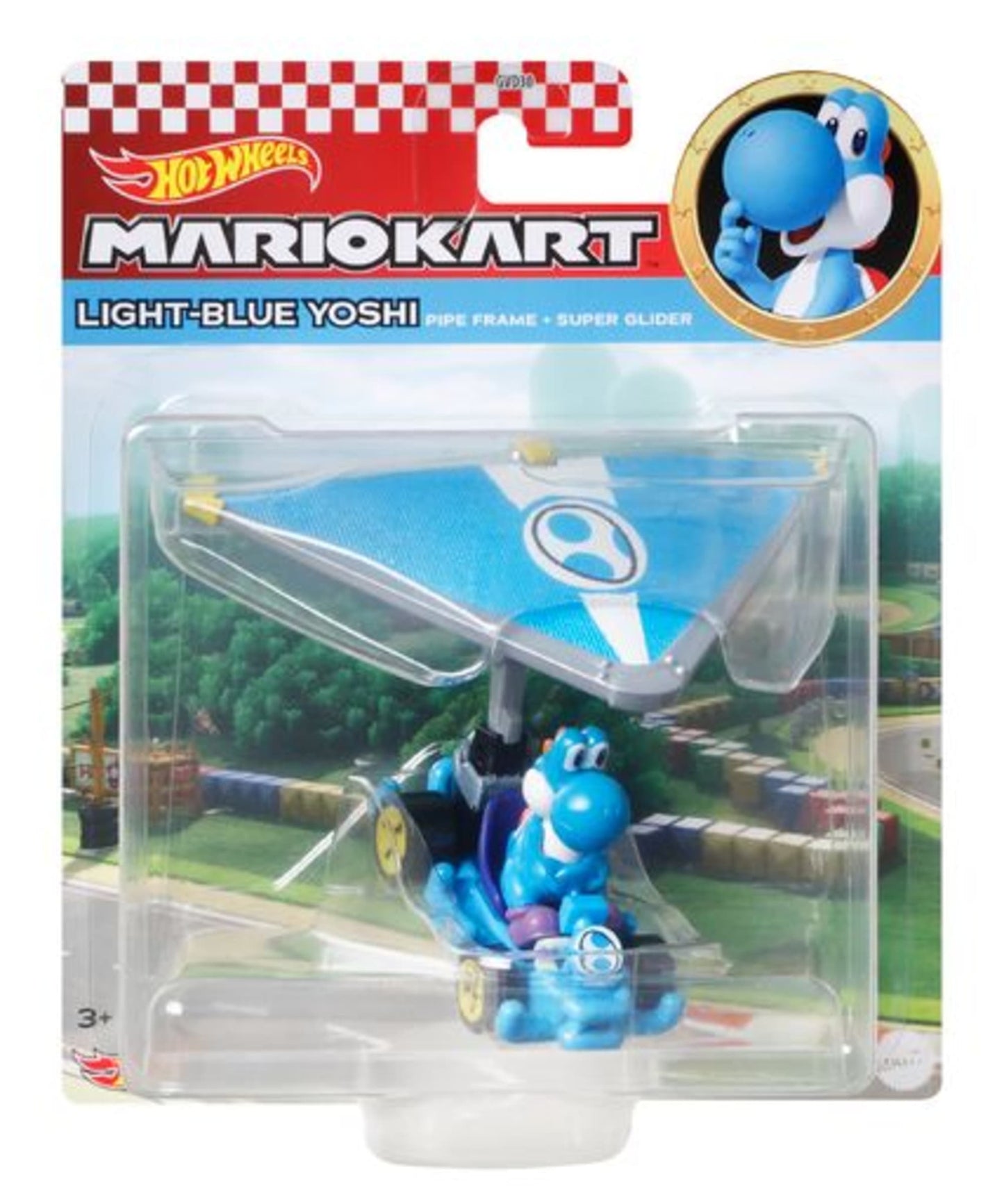 Hot Wheels Mario Kart Vehículo de Juguete Yoshi Azul Claro Pipe Frame con Super Glider