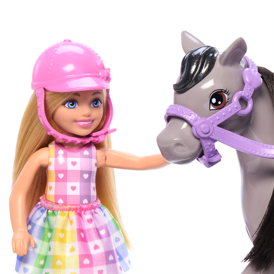 Barbie Chelsea Coffret Poupée et Poney, Casque, Genoux Pliables