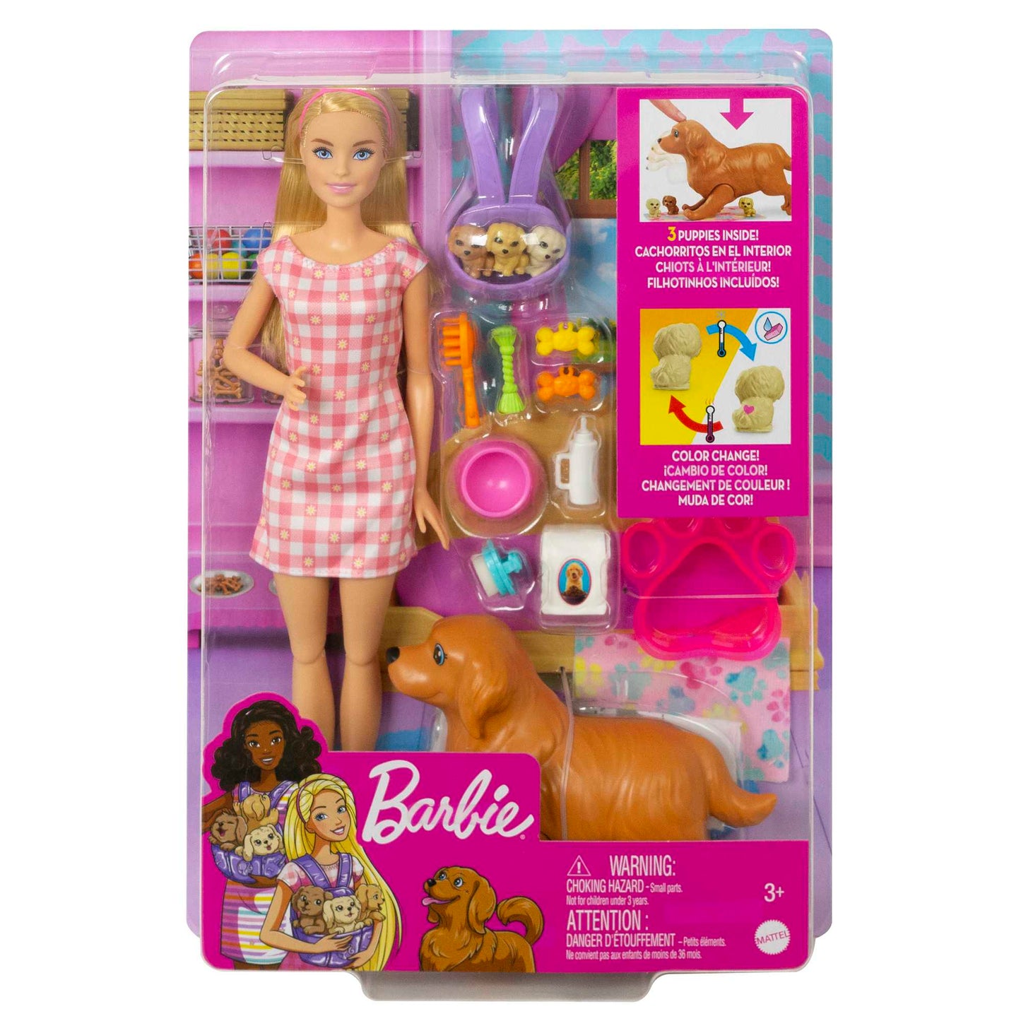 Barbie Conjunto de Brinquedo Cachorrinhos Recém-Nascidos Vestido Xadrez
