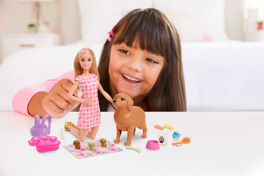 Barbie Conjunto de Brinquedo Cachorrinhos Recém-Nascidos Vestido Xadrez