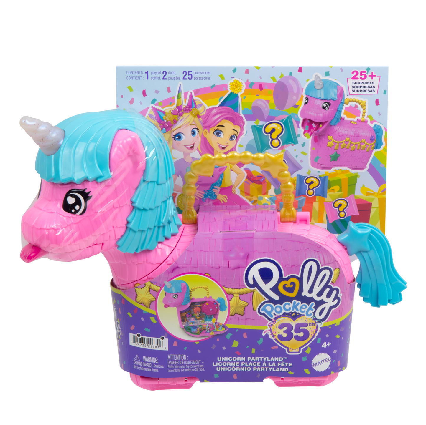Polly Pocket Unicorn Partyland Playset With 2 Micro Dolls, Pets & 25+ Surprise Accessories, Birthday Celebration With Hot Air Balloon Ride