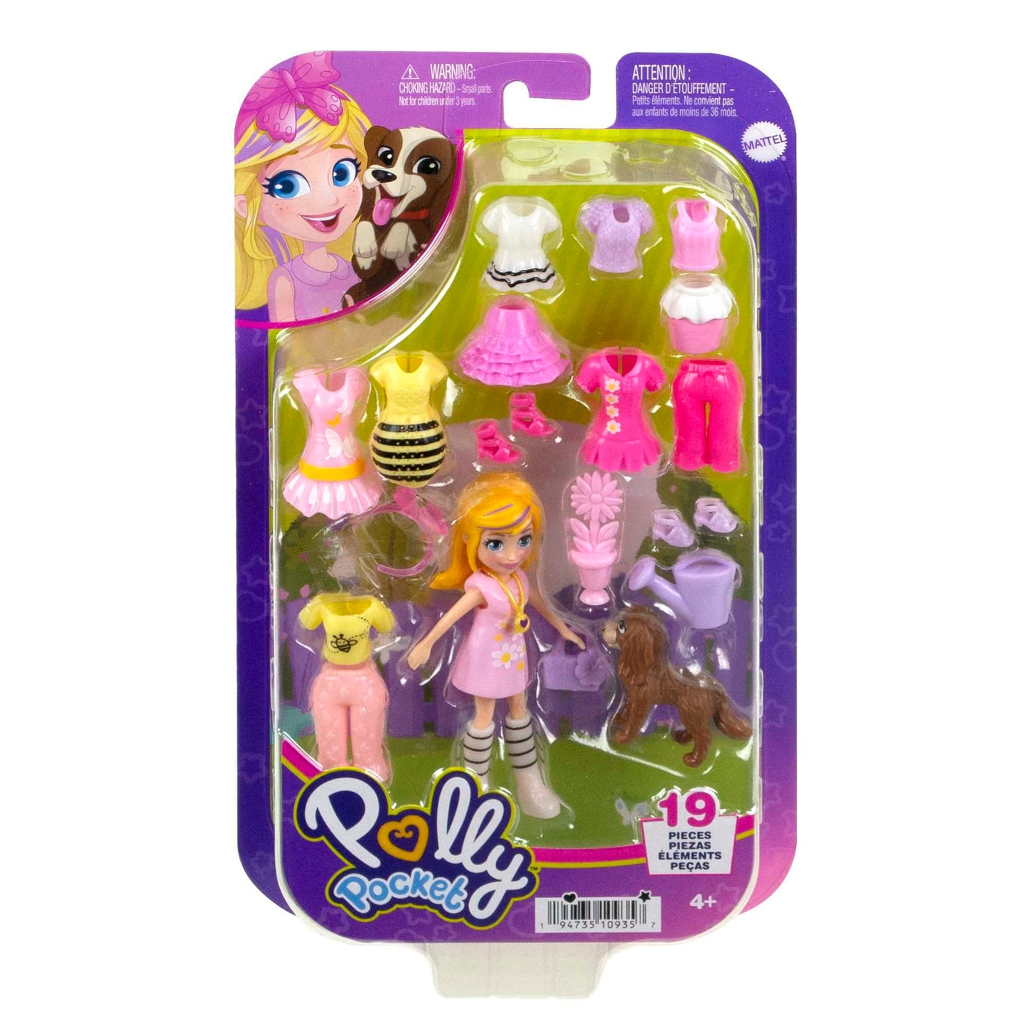 Polly Pocket Coffret Poupée et 18 Accessoires, Chiot et Thème Floral