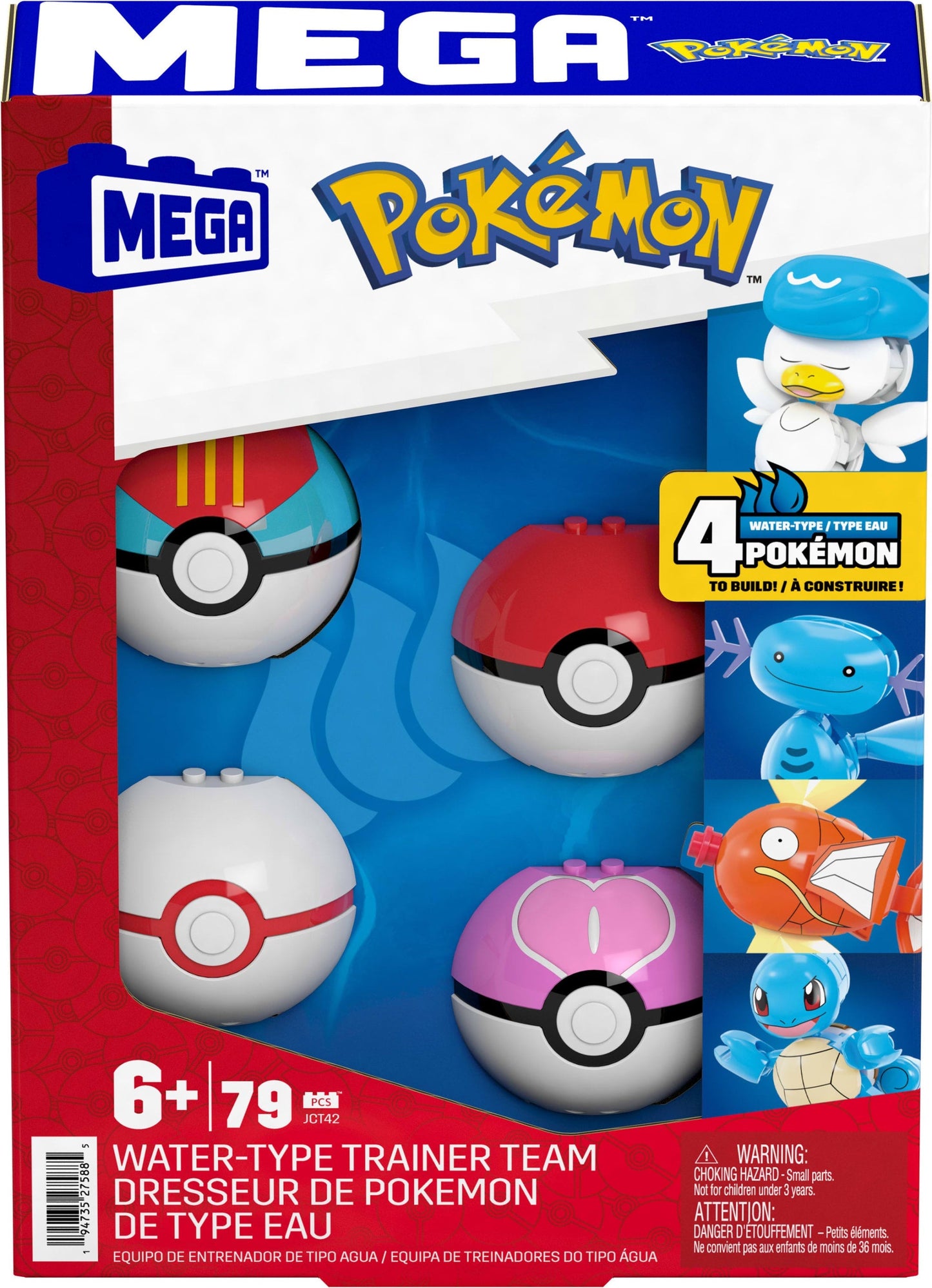 Coffret de Construction Équipe de Type Eau Mega Pokémon, 2Figurines Articulées, 79Pièces, Pour enfants