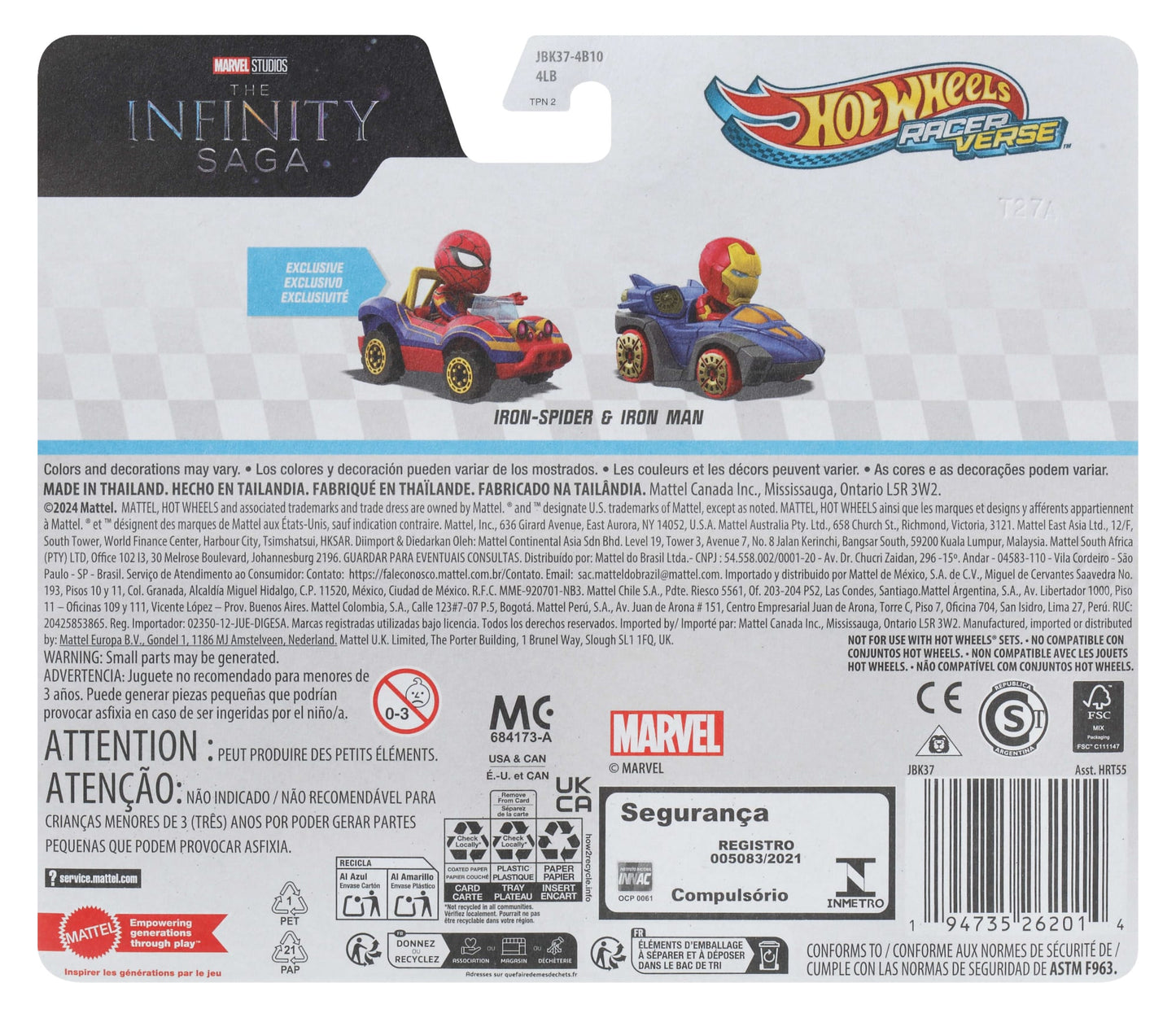 Hot Wheels RacerVerse Vehículo de Juguete Iron Man y Iron Spider