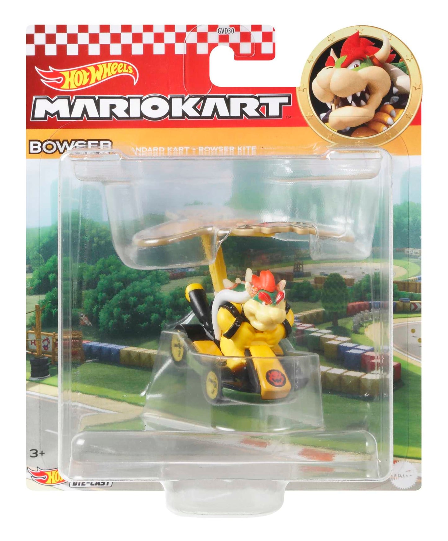 Hot Wheels Mario Kart Veículo de Brinquedo Bowser Padrão Kart com Paraquedas
