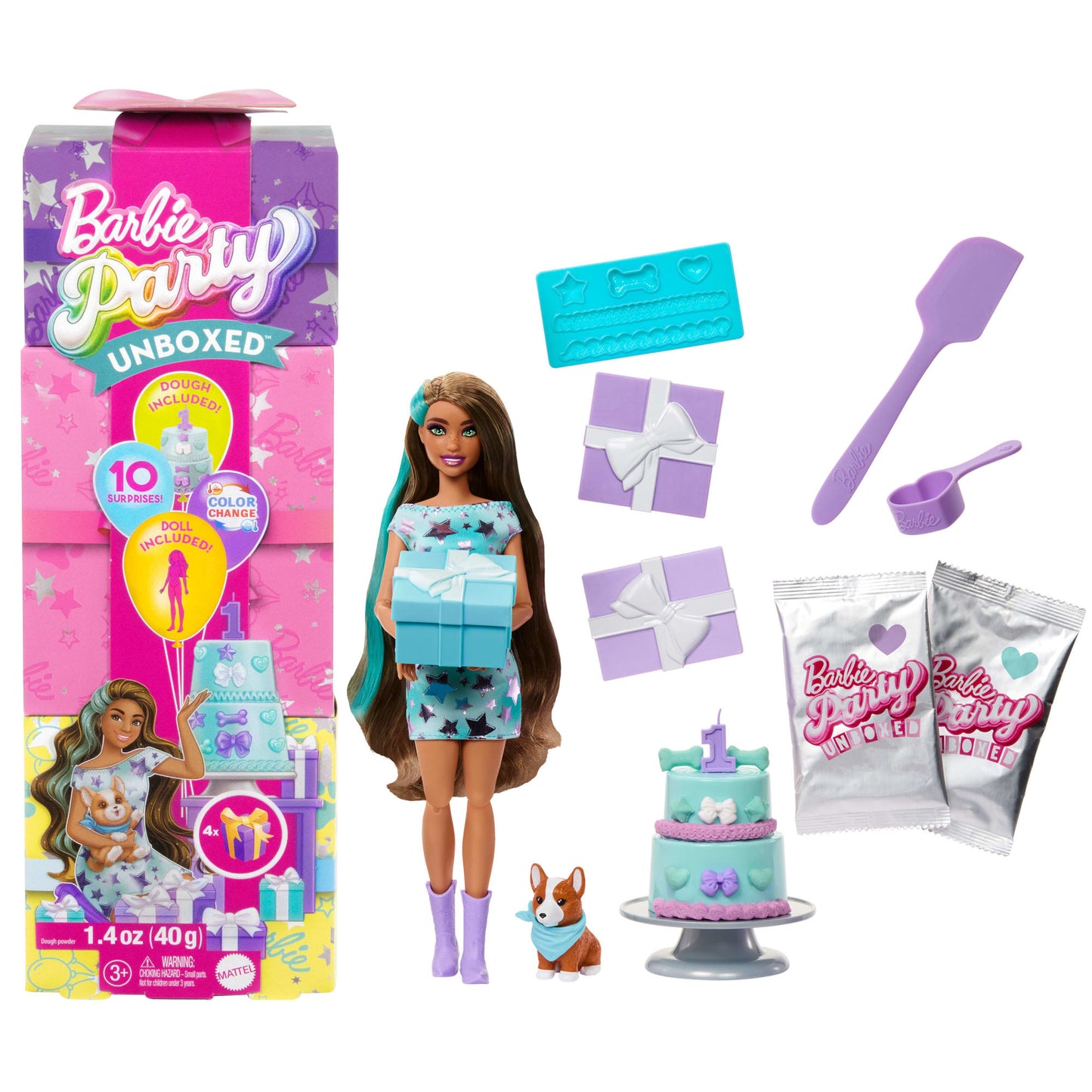 Barbie Party Unboxed Pet Birthday Series Doll & Accessories, Party Stars Set With 10 Surprises