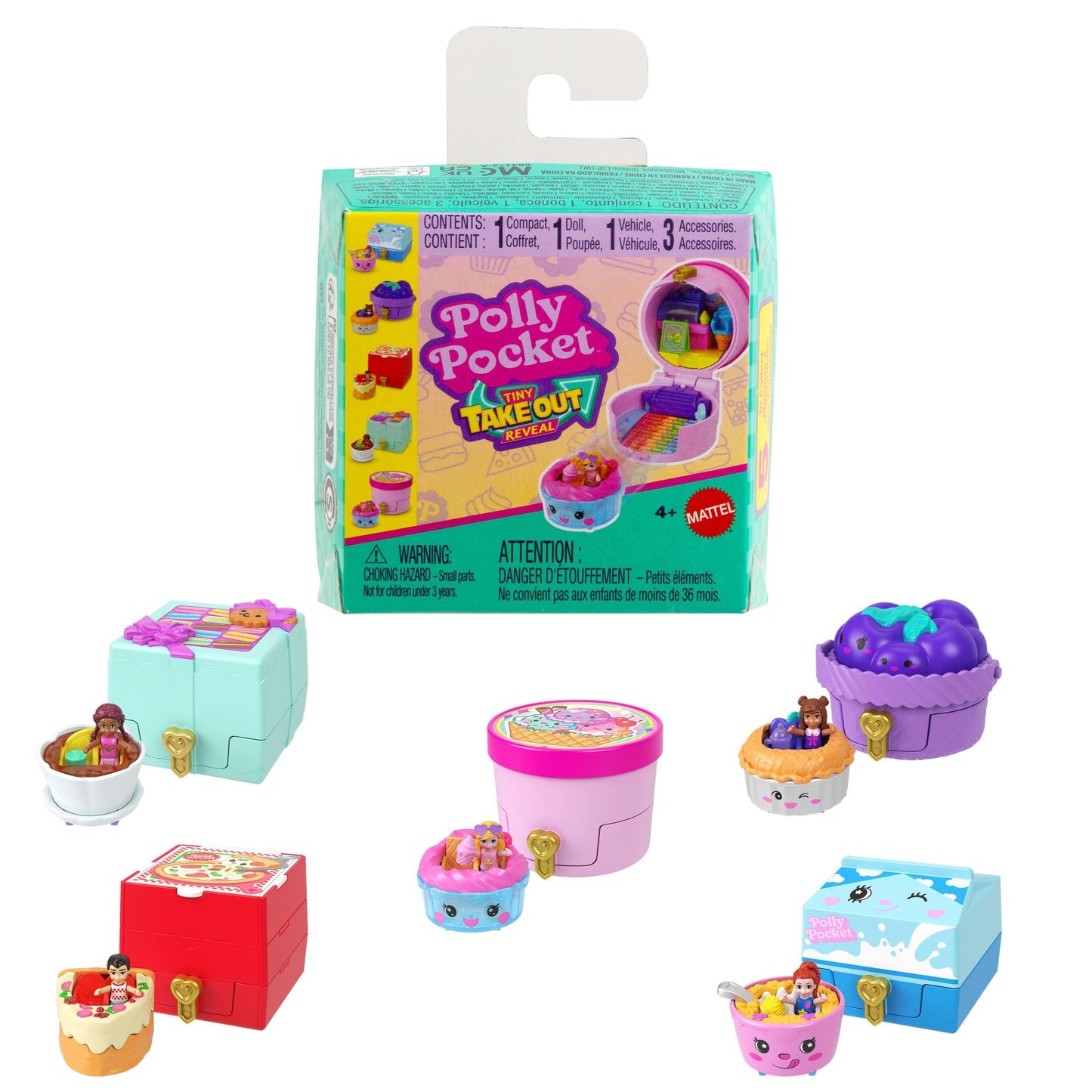 Polly Pocket Tiny Take Out Reveal Assortment, Micro Dolls & Compacts With Toy Cars, Food Theme Vehicle Collection