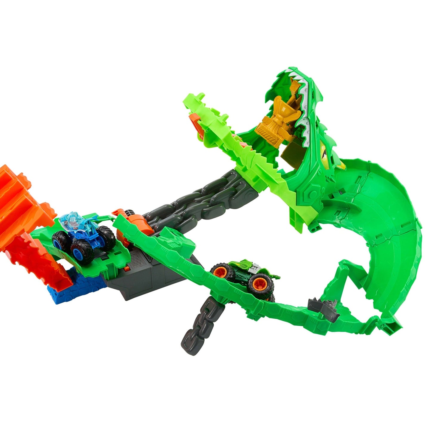 Hot Wheels Monster Trucks Pista de Juguete Tiburones vs. Dinosaurios Destrucción del Dragón