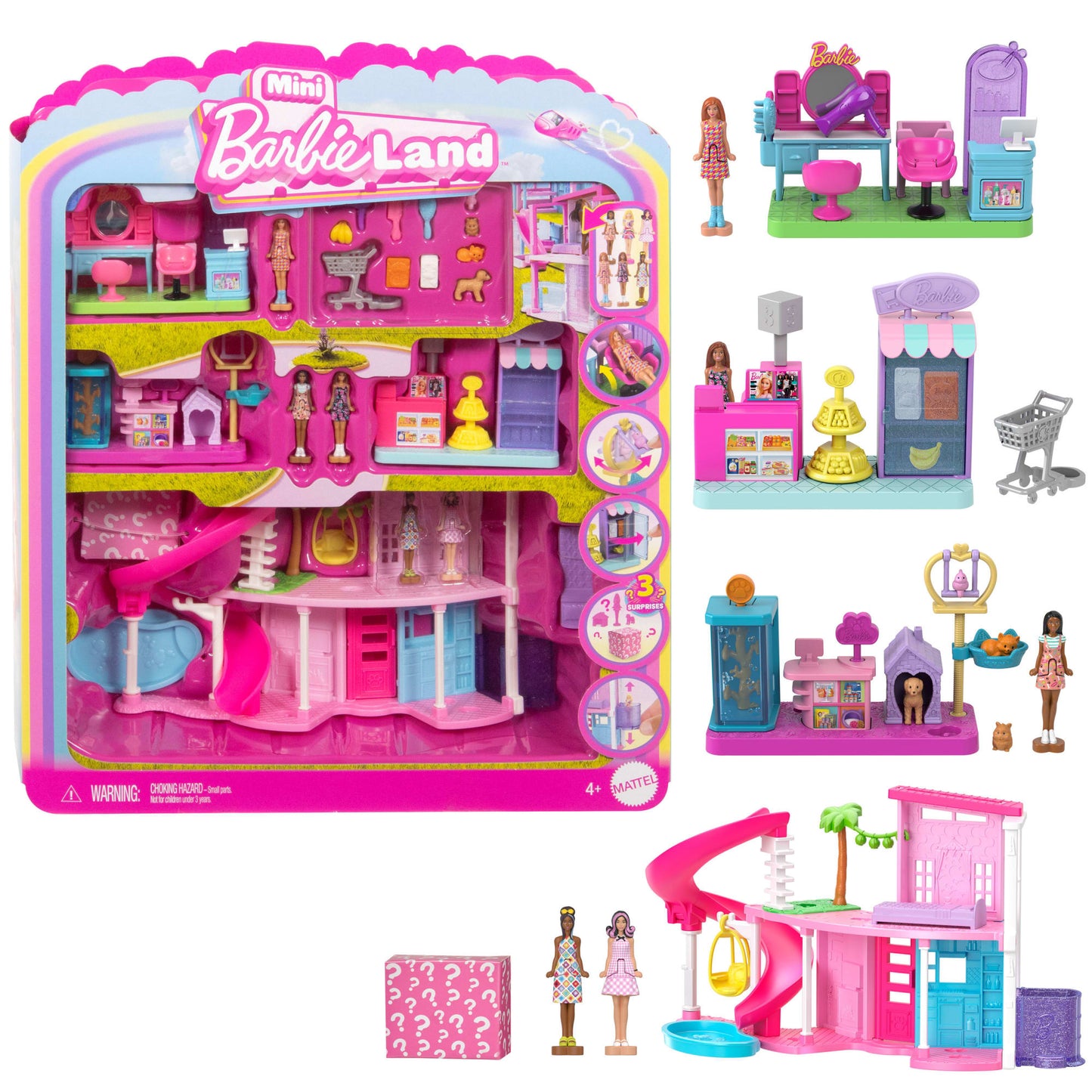 Barbie Mini Barbie Land Dreamhouse & 3 Playsets With 4 1.5-inch Dolls, Furniture & Accessories