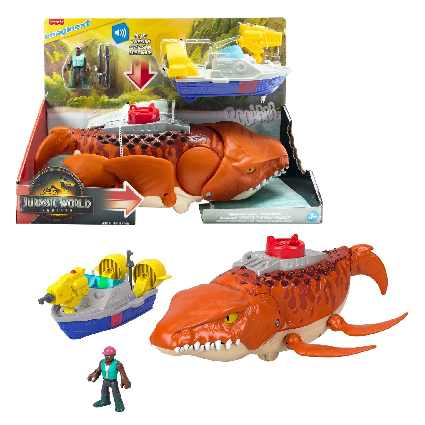 Imaginext Jurassic World Dinosaurio de Juguete Rebirth Mosasaurus Caza y Muerde