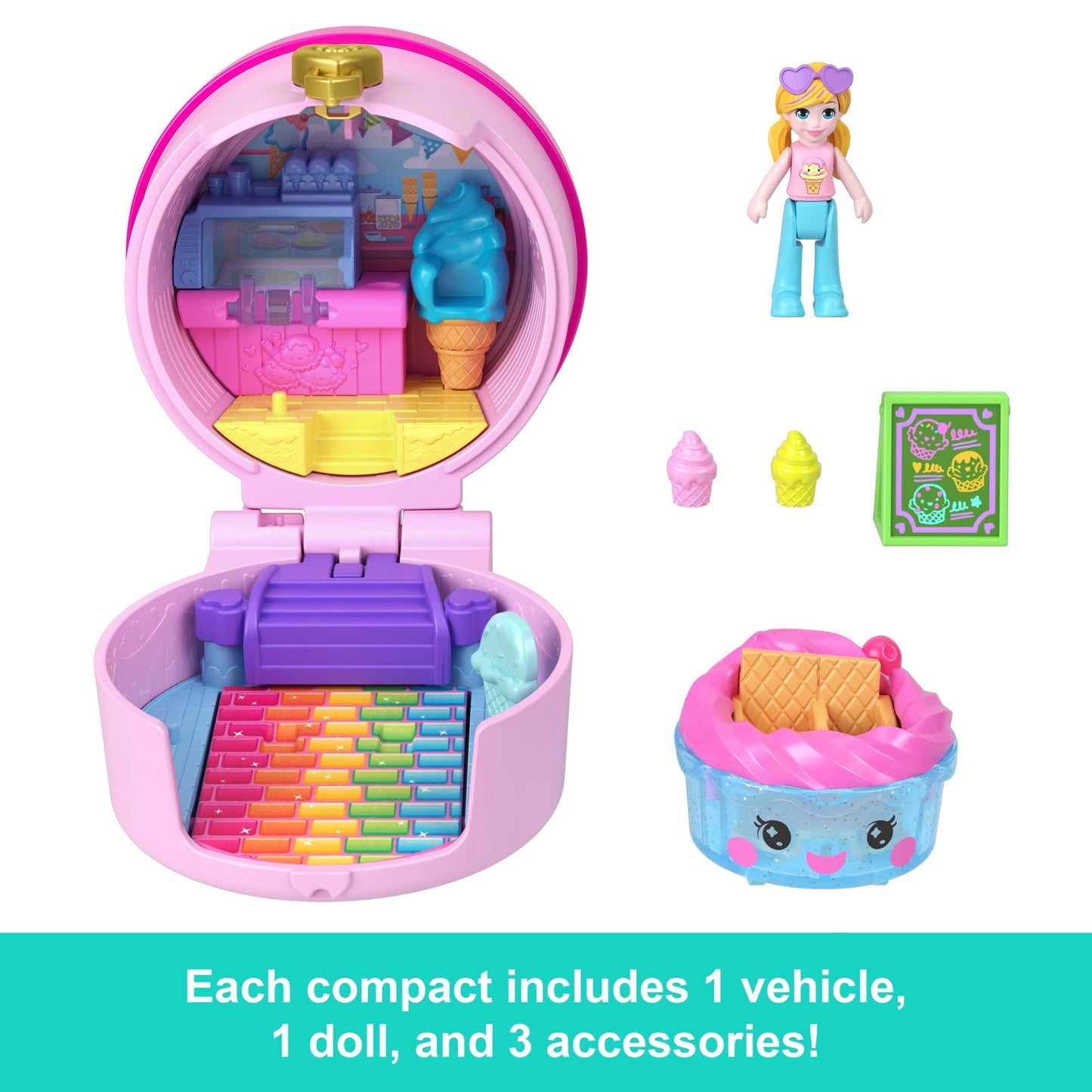 Polly Pocket Tiny Take Out Reveal Assortment, Micro Dolls & Compacts With Toy Cars, Food Theme Vehicle Collection