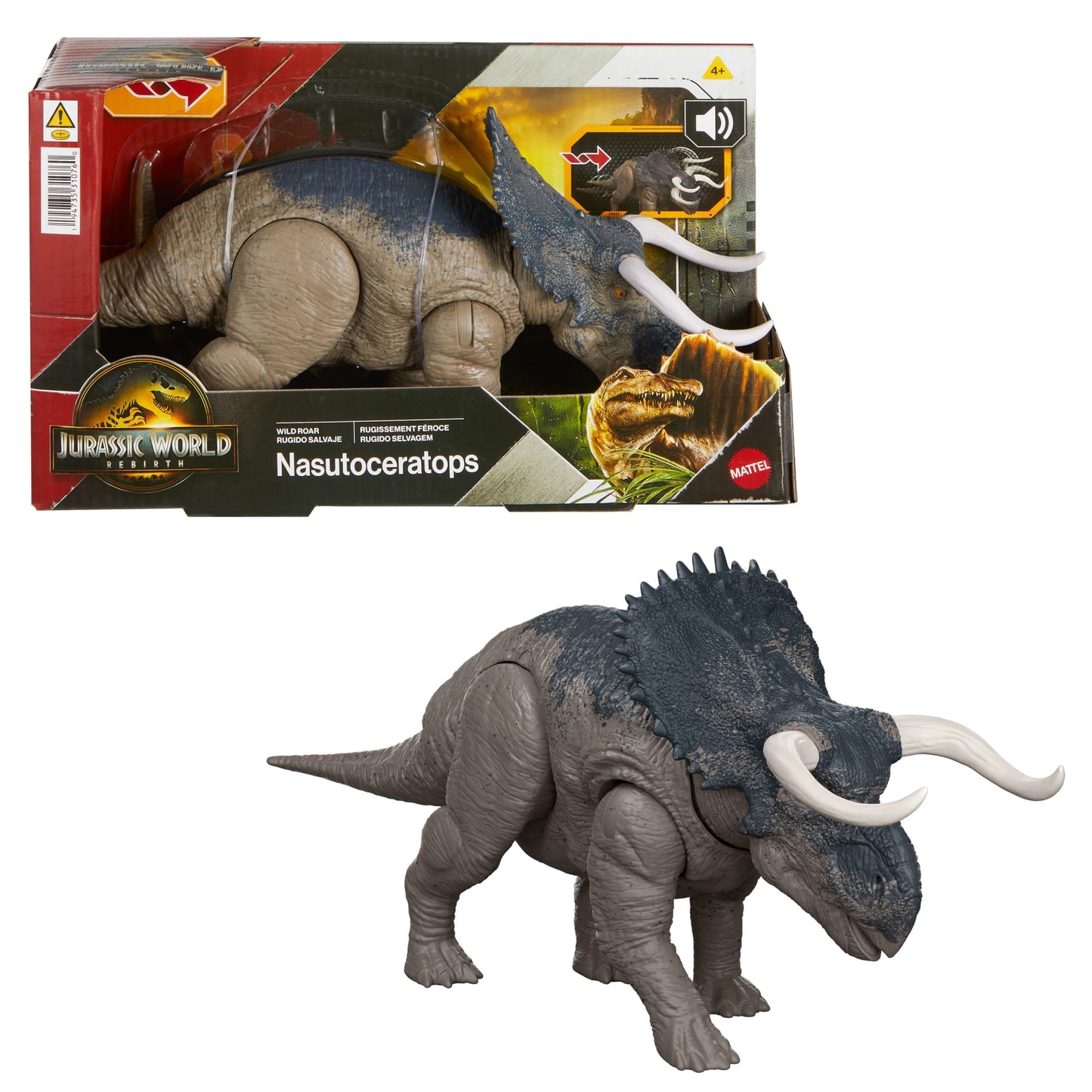 Jurassic World Rebirth Wild Roar Nasutoceratops Dinosaur Toy, Tail Controlled Attack Chomp & Sound