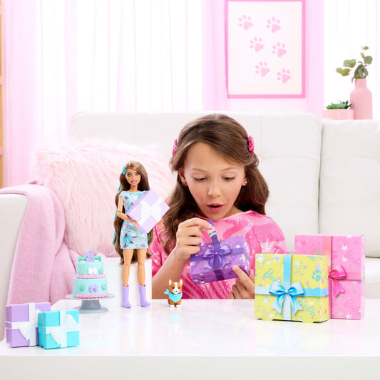 Barbie Party Unboxed Pet Birthday Series Doll & Accessories, Party Stars Set With 10 Surprises