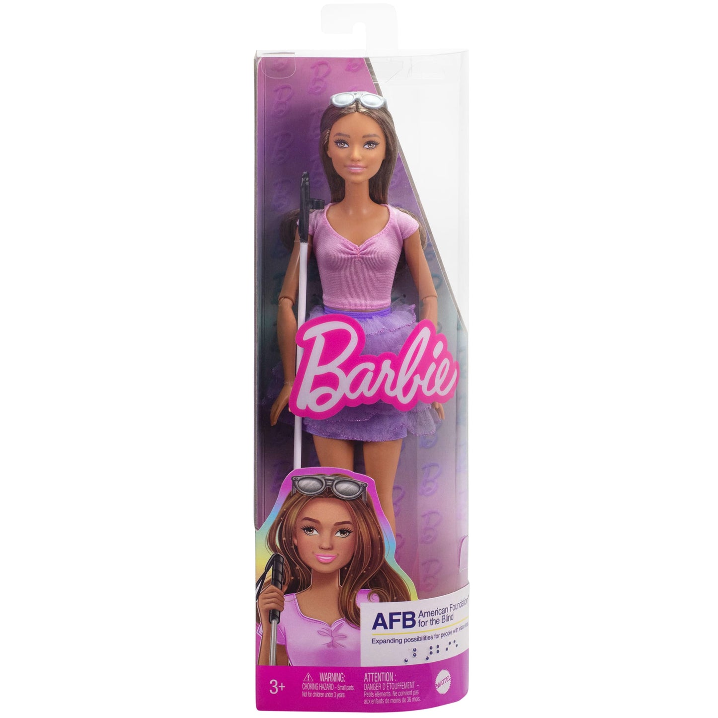 Barbie Fashionistas Doll #228, Blind Barbie Doll Wearing Pink Top And Ruffled Skirt With Cane And Sunglasses in Partnership With The American Foundation For The Blind