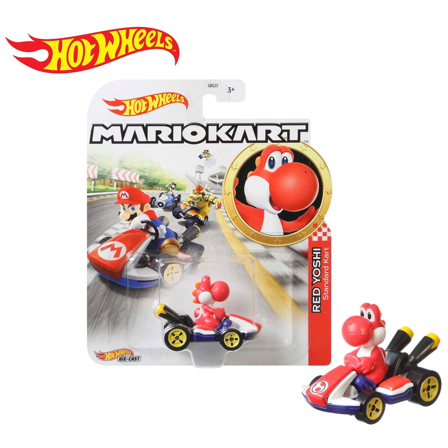 Hot Wheels Mario Kart Veículo de Brinquedo Kart Padrão Yoshi Vermelho