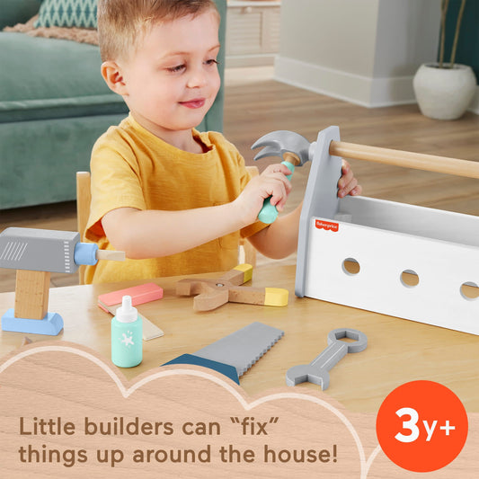 Fisher-Price Wooden Tool Box Set For Preschool Pretend Play, 9 Wood Pieces