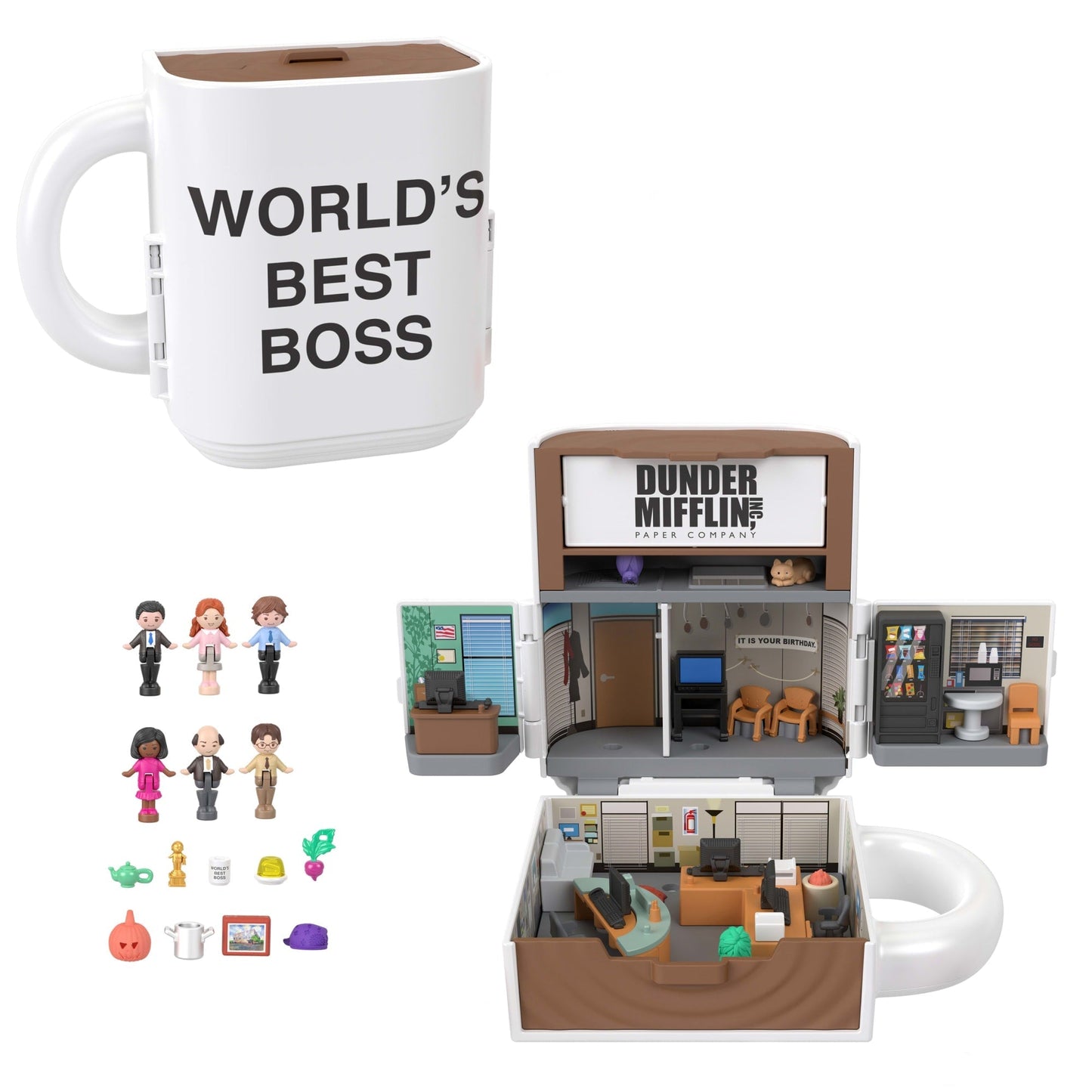 Polly Pocket X The Office Best Boss Mug Compact, Dunder Mifflin Character Set Collectible Toy