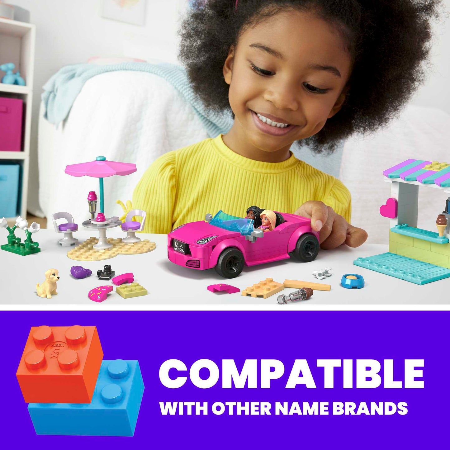 MEGA Barbie Convertible & Ice Cream Stand Building Toy Kit With 2 Micro-Dolls (225 Pieces)