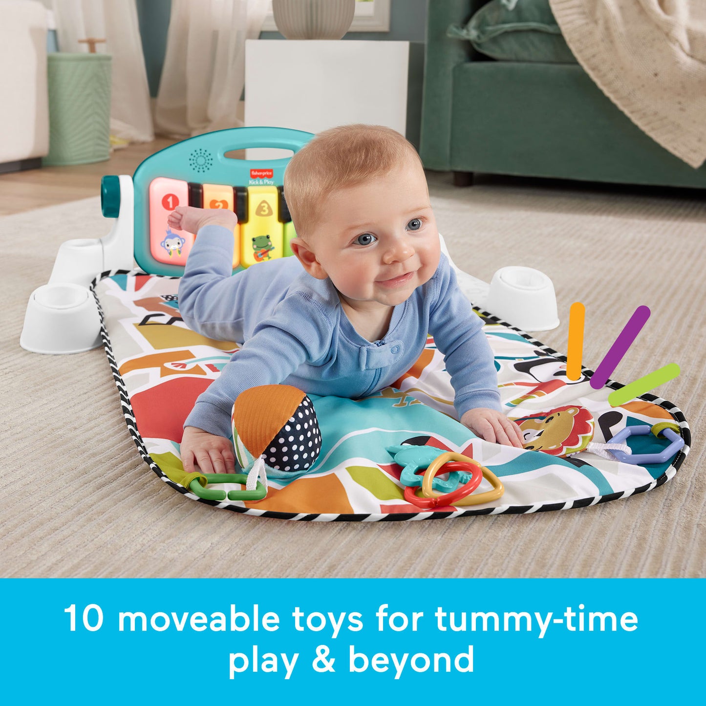 Fisher-Price Glow And Grow Kick & Play Piano Gym Baby Playmat With Musical Learning Toy, Blue
