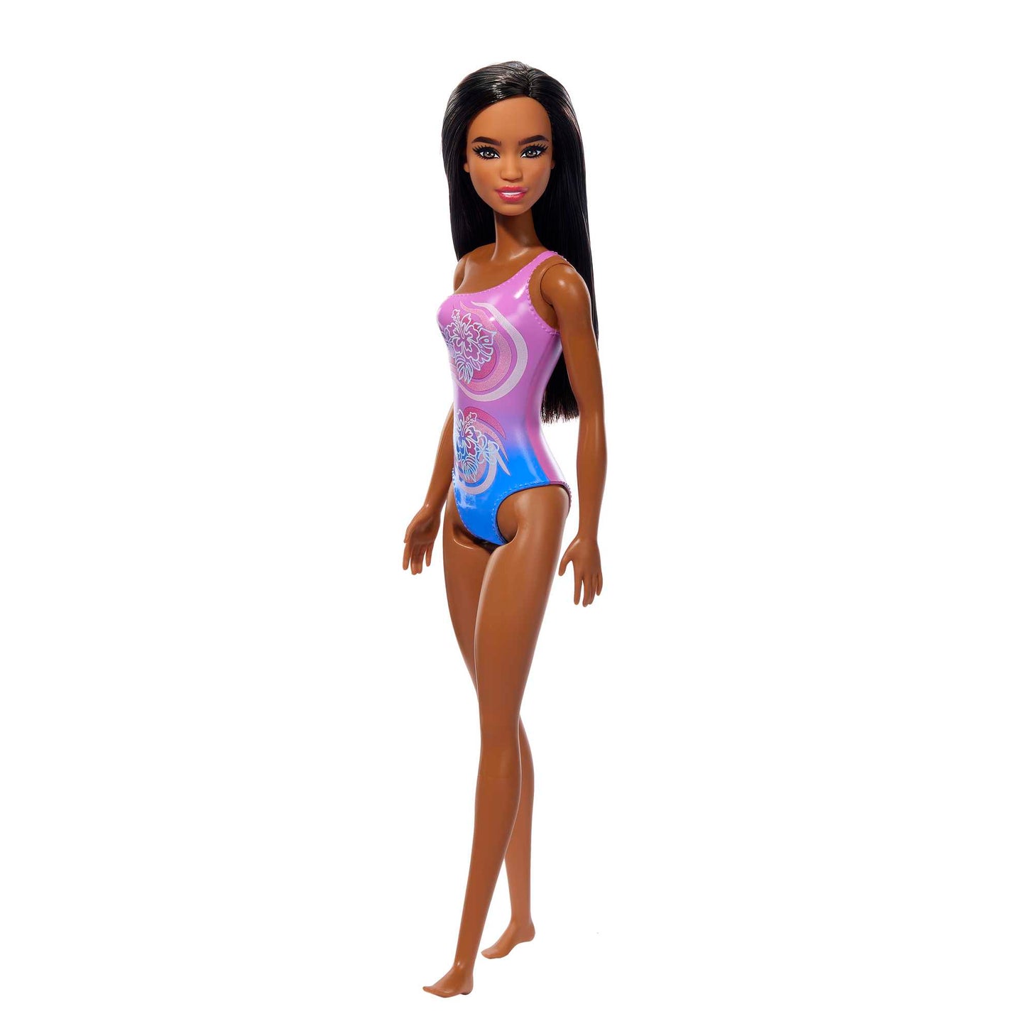 Beach Barbie Doll With Dark Brown Hair Wearing Tropical Purple Swimsuit