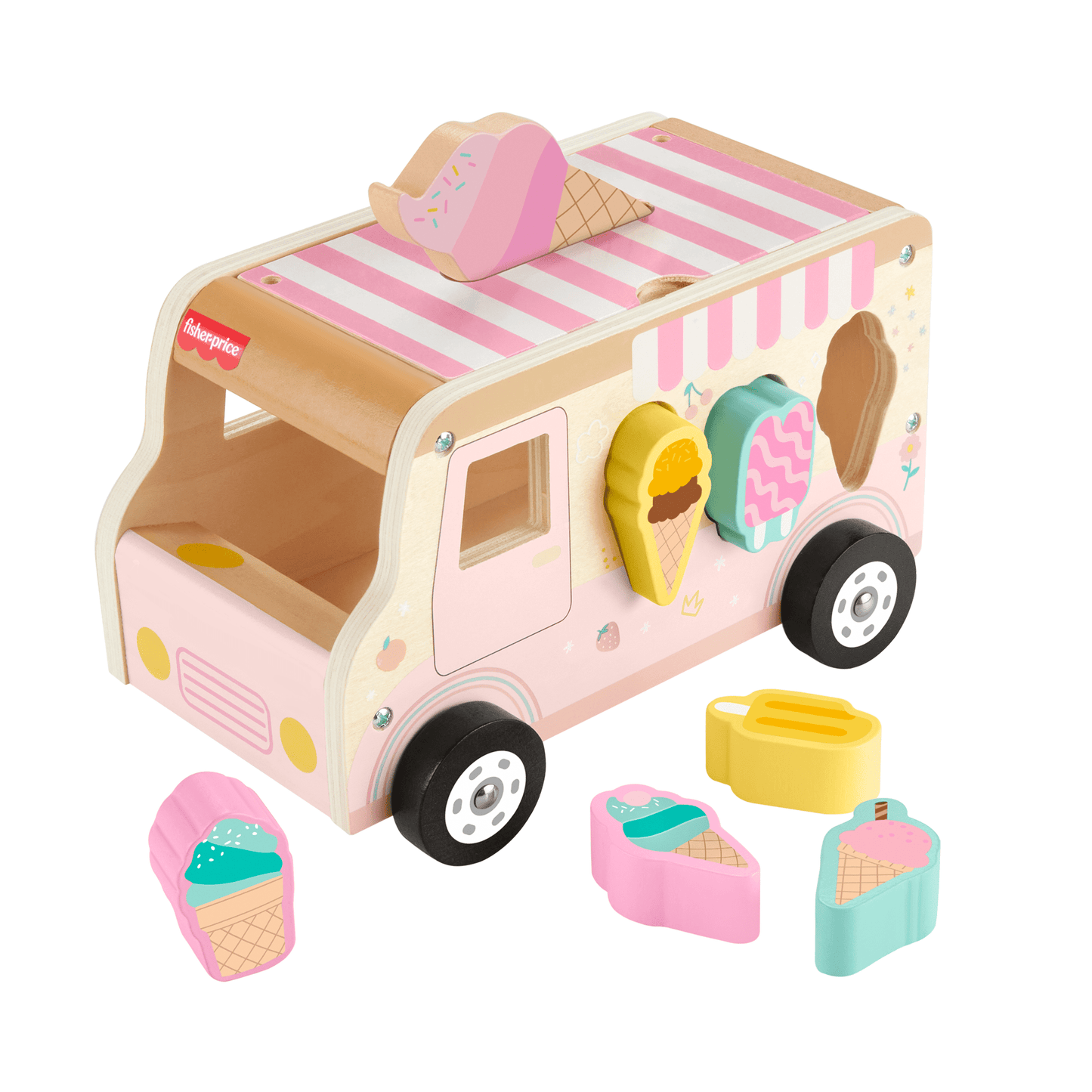 Fisher-Price Wooden Ice Cream Shape Sorter Set For Toddlers & Kids, 8 Wood Pieces