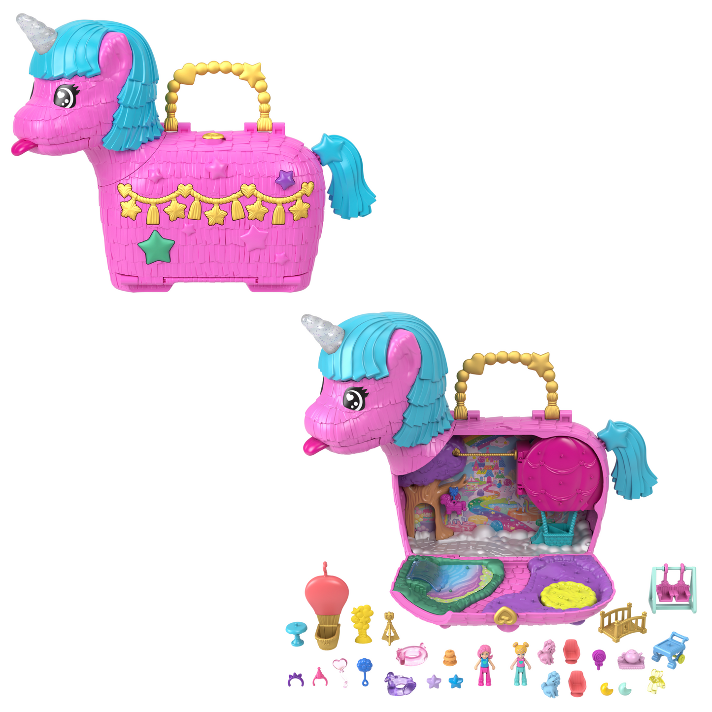 Polly Pocket Unicorn Partyland Playset With 2 Micro Dolls, Pets & 25+ Surprise Accessories, Birthday Celebration With Hot AIr Balloon Ride