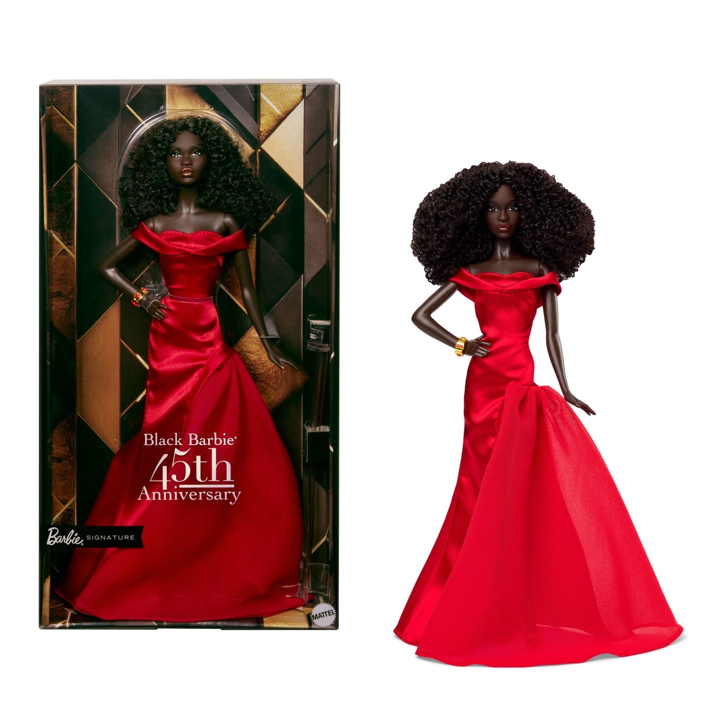 Barbie Signature Collectible Doll in Red Gown, 45th Anniversary Black Barbie By Kitty Black Perkins