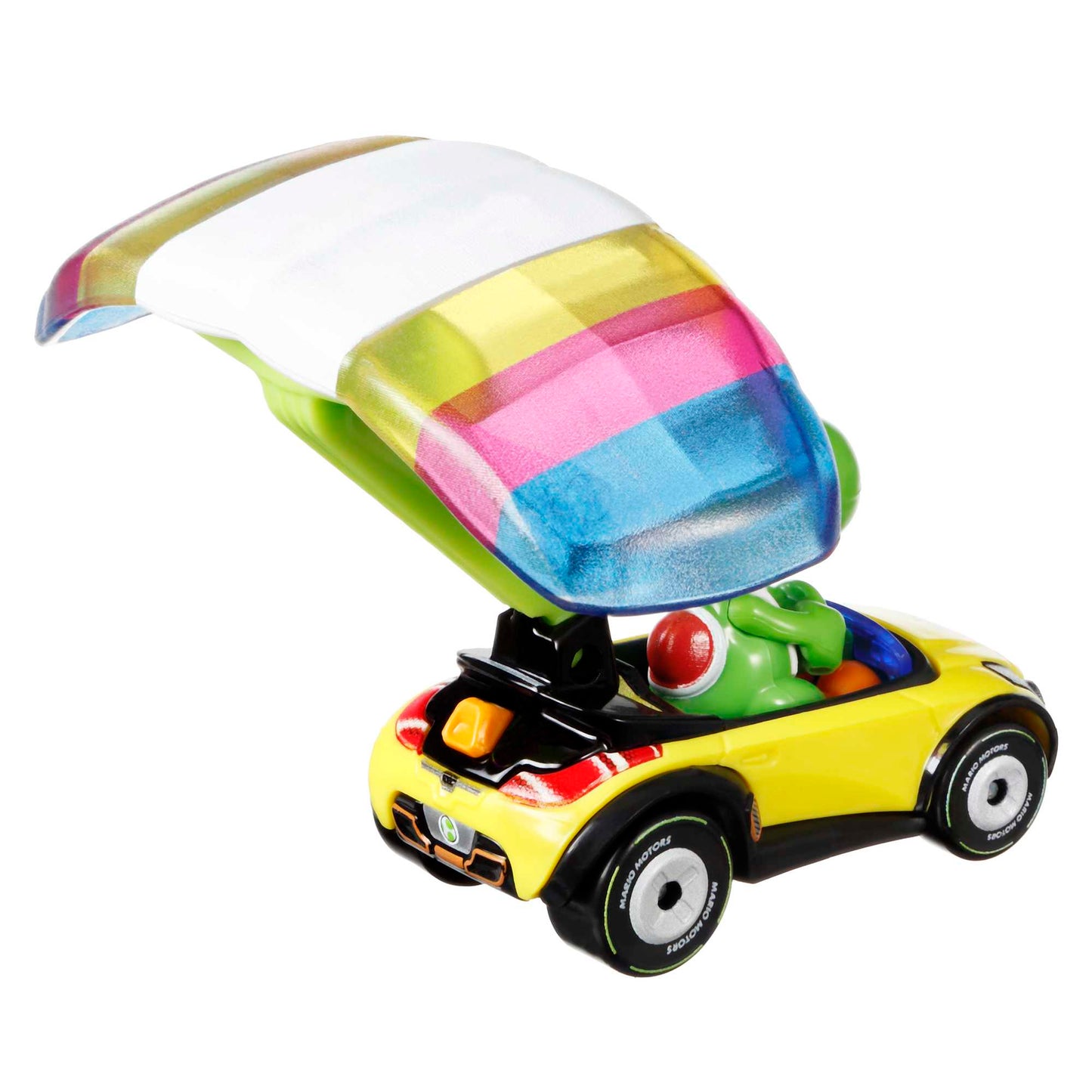 Hot Wheels Mario Kart Vehículo de Juguete Yoshi Sports Coupe con Paracaídas