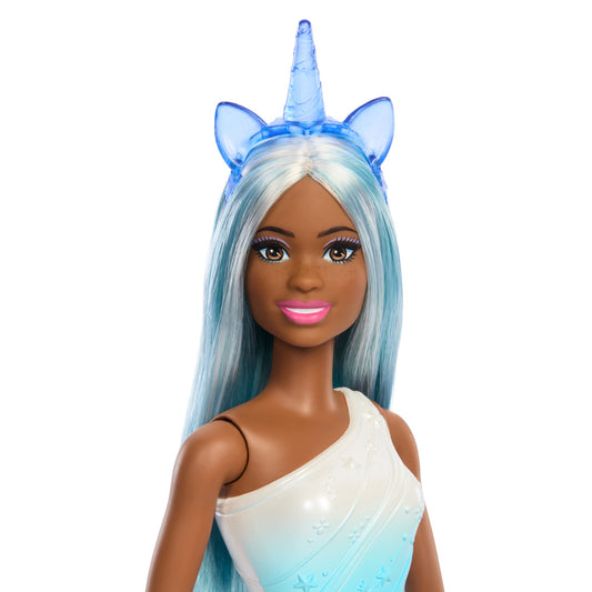 Barbie  Poupée Licorne, Cheveux Bleus, Tenue Ombrée et Accessoires