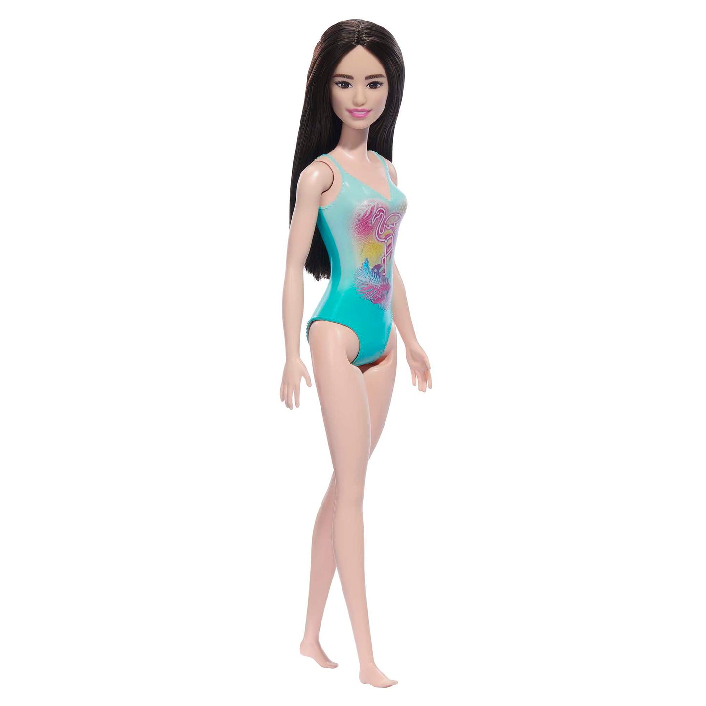 Beach Barbie Doll With Black Hair Wearing Tropical Blue Swimsuit