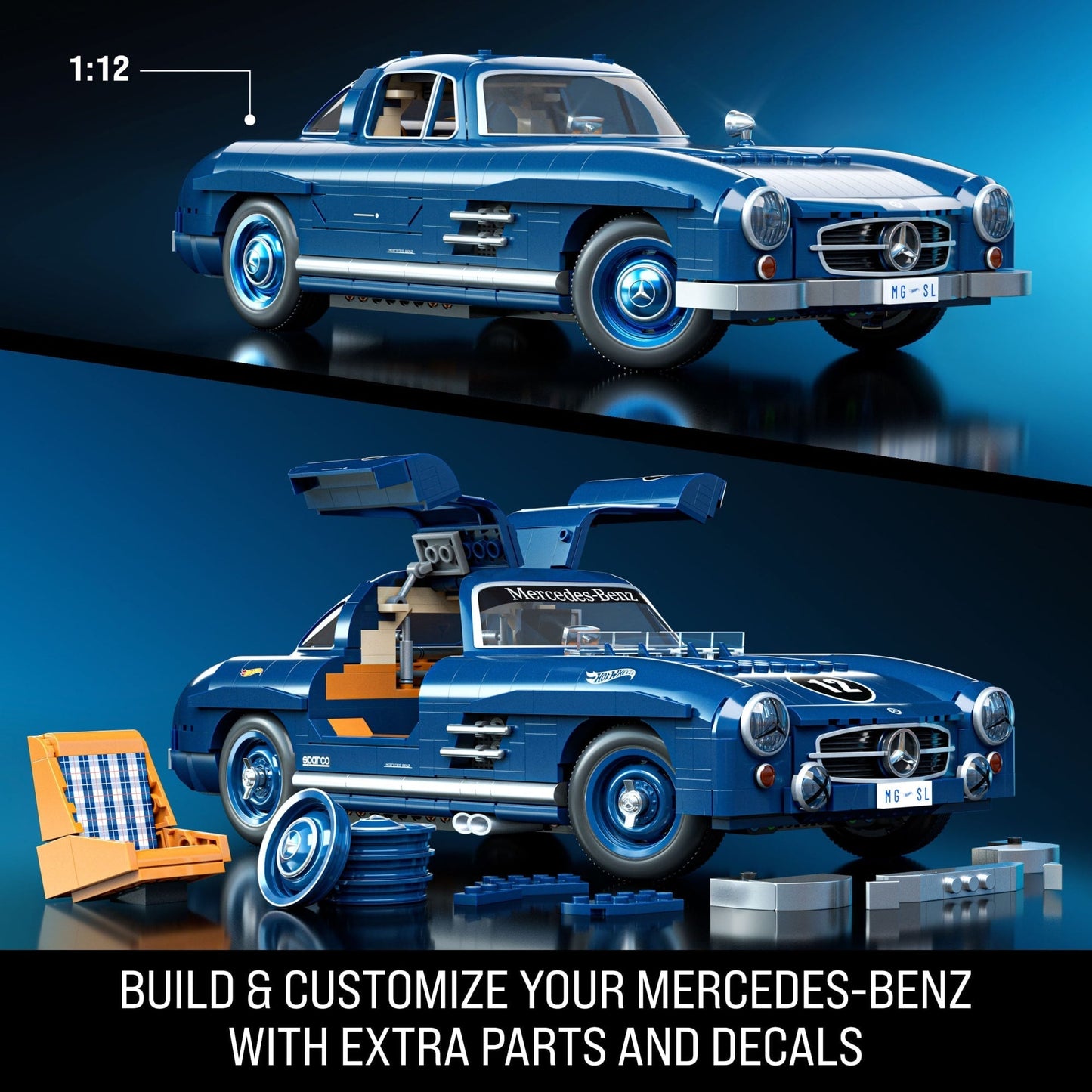 Mattel Brick Shop Hot Wheels Mercedes-Benz 300 SL Building Toy Kit (1600 Pieces), for Collectors