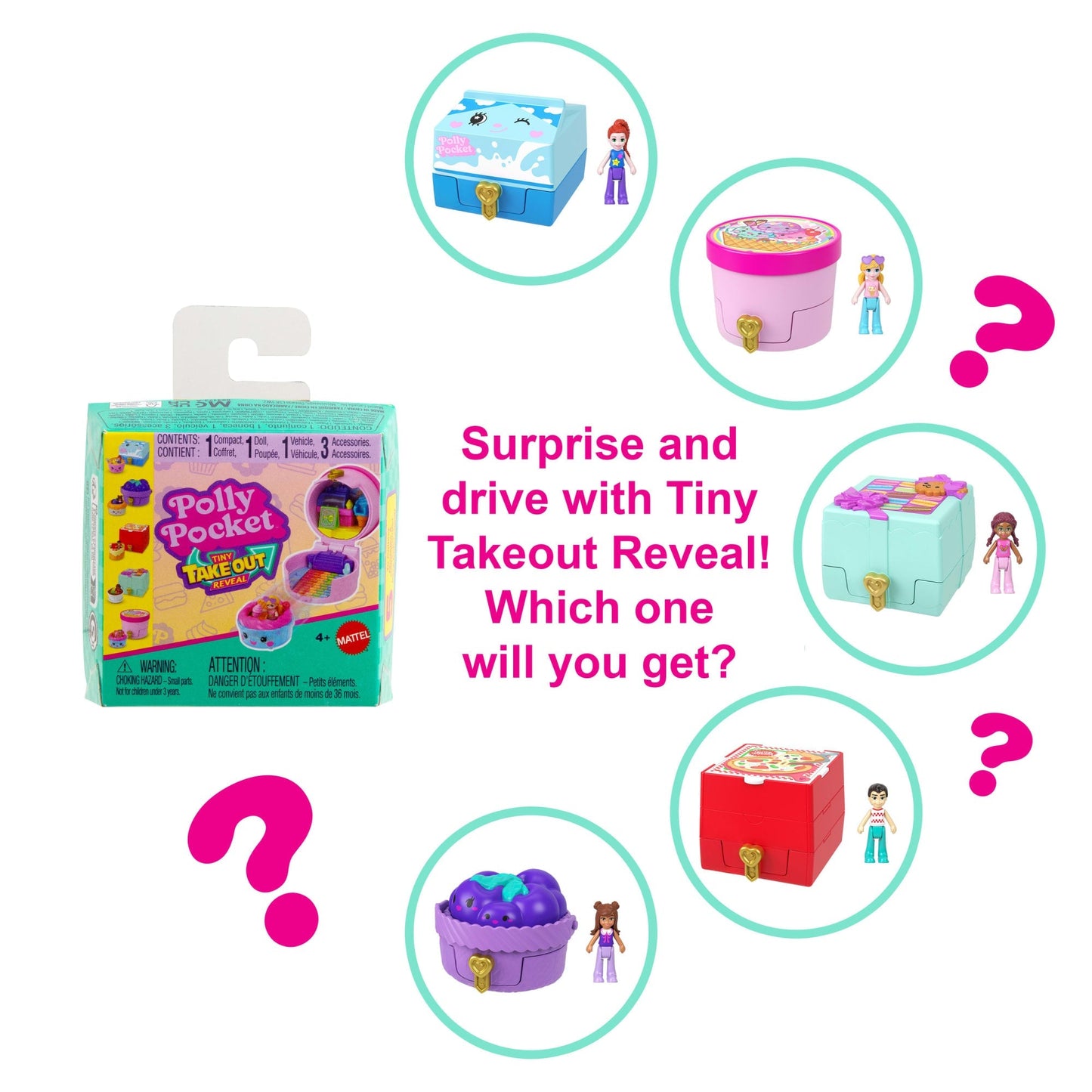 Polly Pocket Tiny Take Out Reveal Assortment, Micro Dolls & Compacts With Toy Cars, Food Theme Vehicle Collection