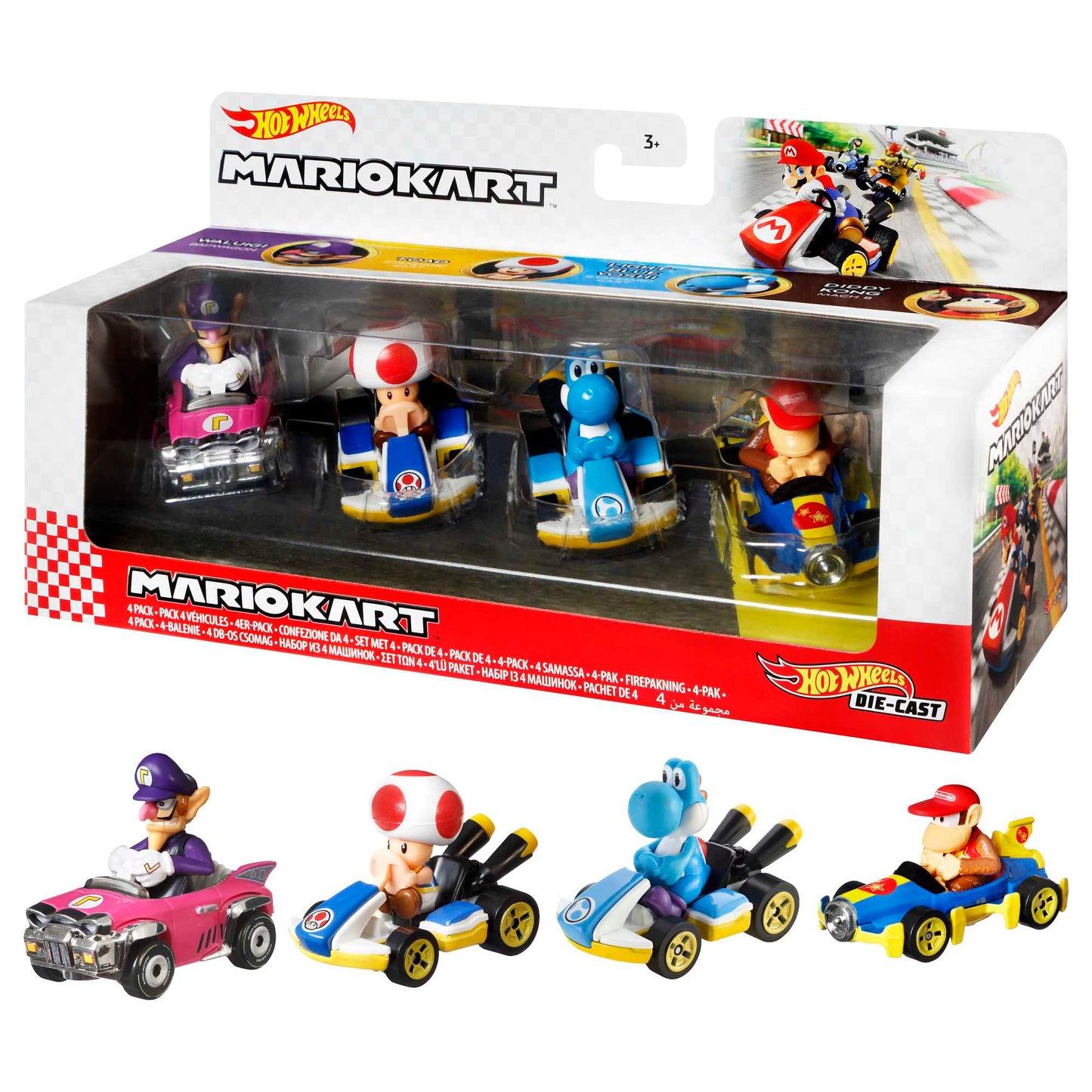 Hot Wheels Mario Kart Vehículo de Juguete Paquete de 4 con Diddy Kong, Waluigi, Toad y Yoshi azul