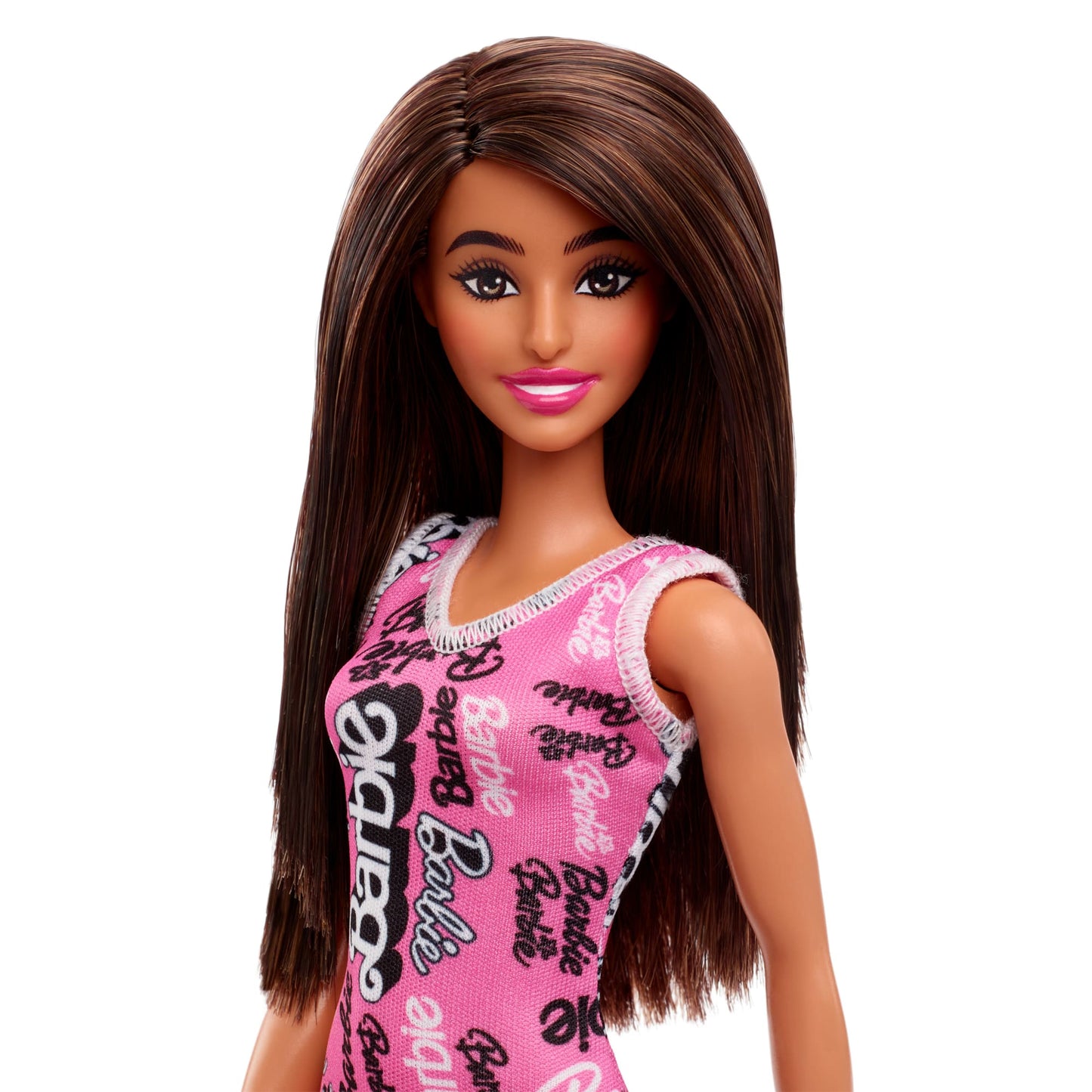 Barbie Poupée Mode Cheveux Bruns Lissés, Robe Rose à Logos, Chaussures