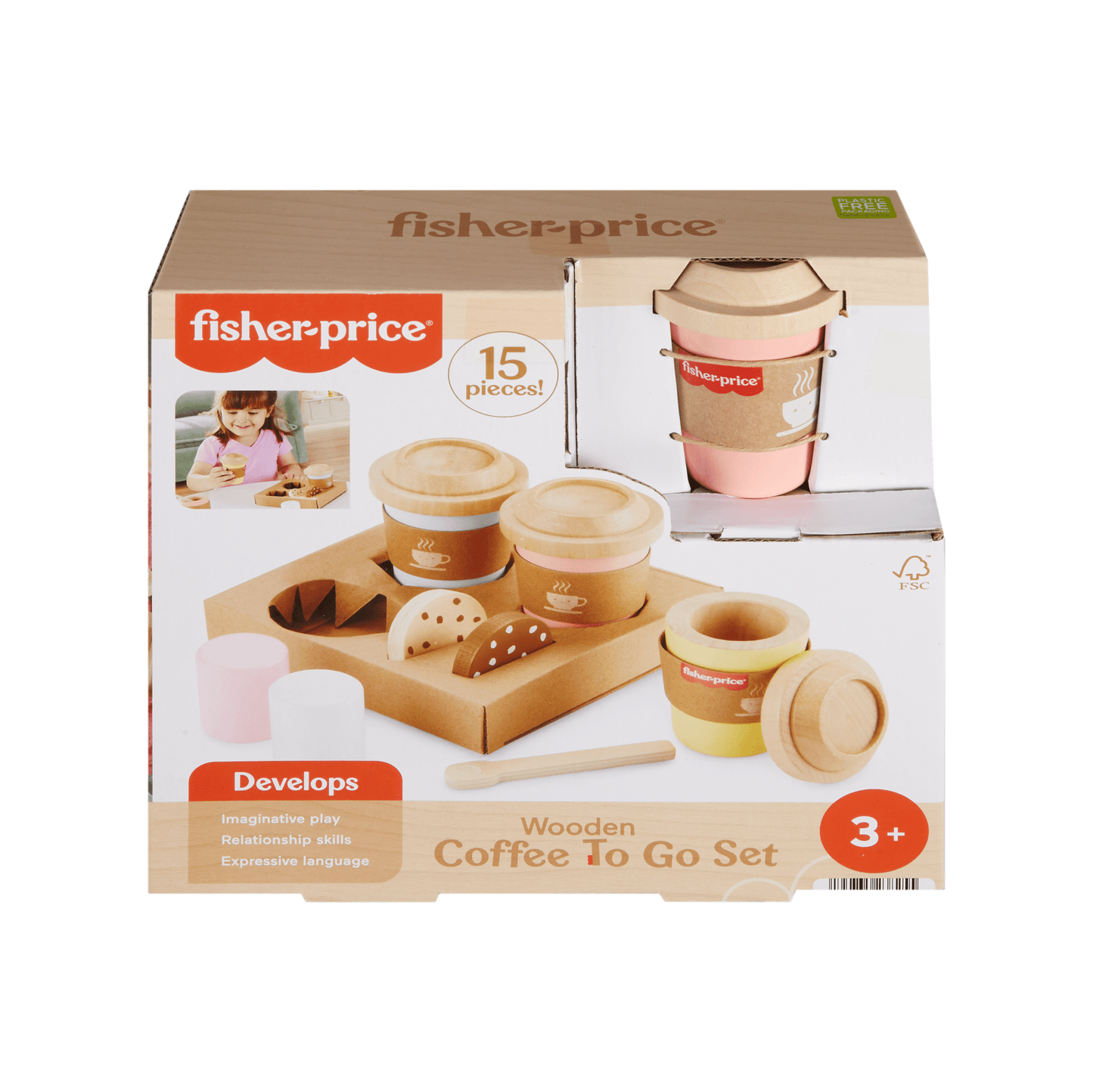 Fisher-Price Wooden Coffee To Go Set, 15-Piece Café Shop Playset Preschool Role-Play
