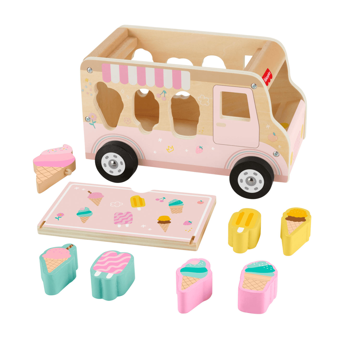 Fisher-Price Camion de Glaces Trieur de Formes en Bois, 8 Éléments