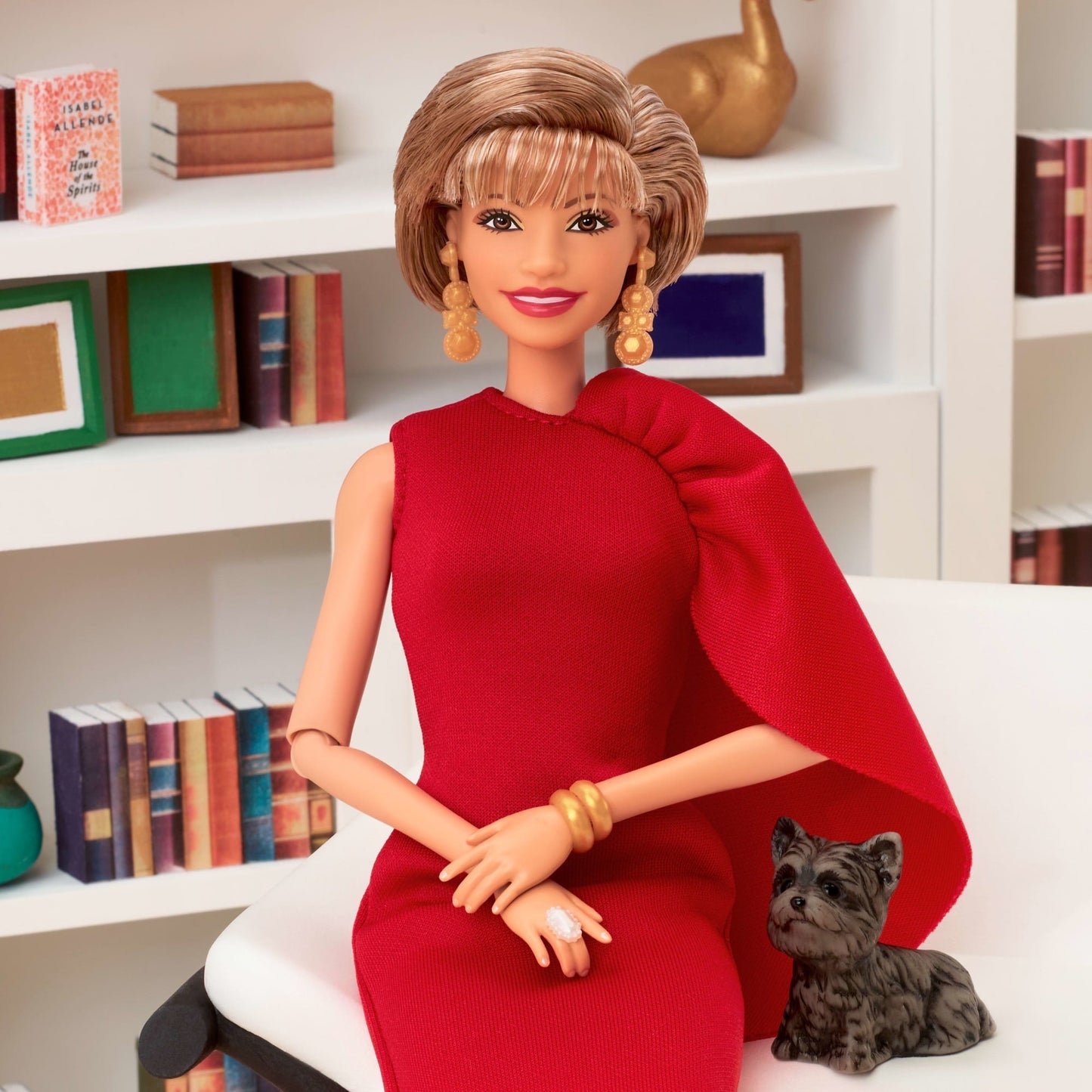Barbie inspiring Women Collectible Doll, Isabel Allende in Red Dress & Book Accessory & Pet