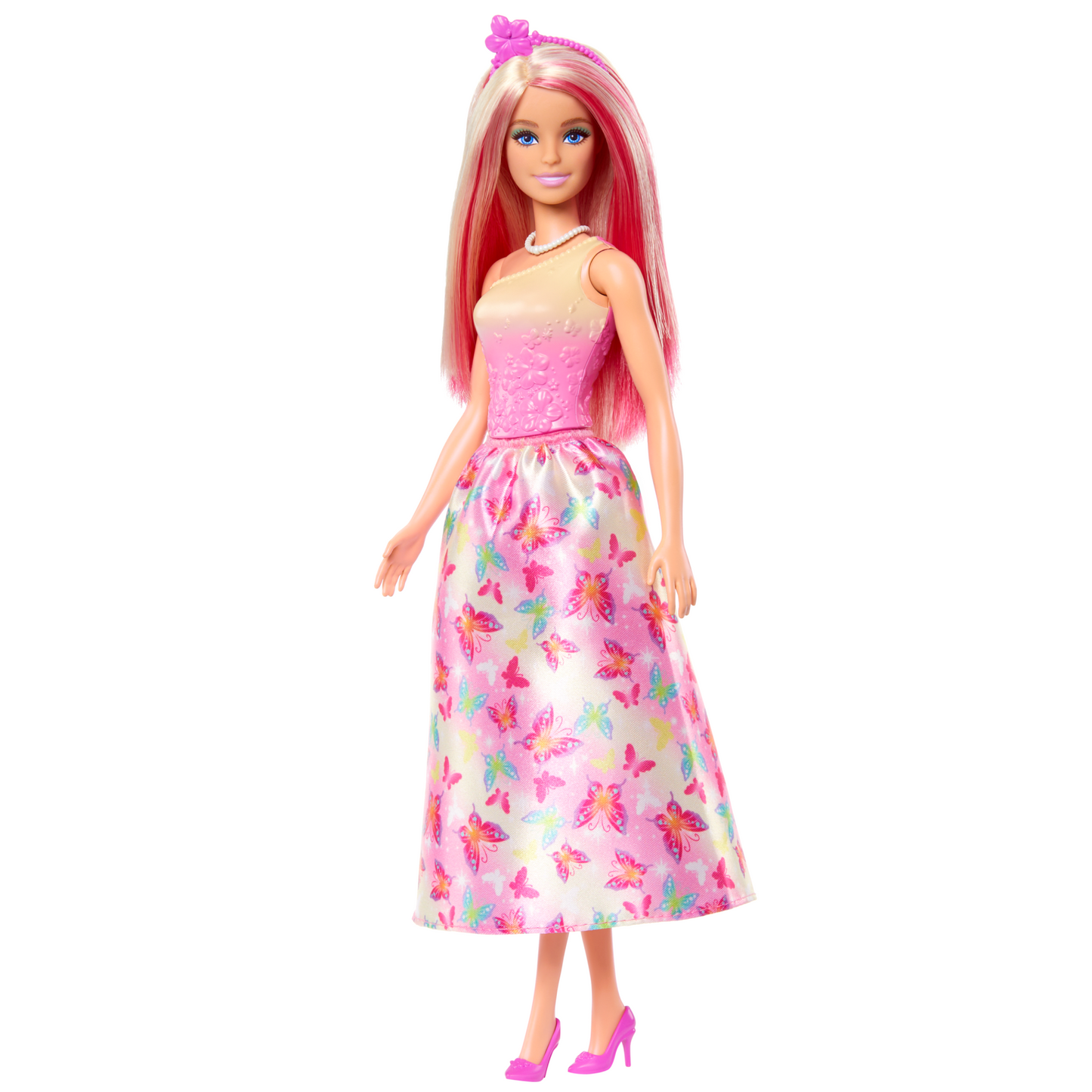 Poupée Barbie Royale Avec Cheveux Roses et Blonds, Jupe à Imprimé de Papillons et Accessoires