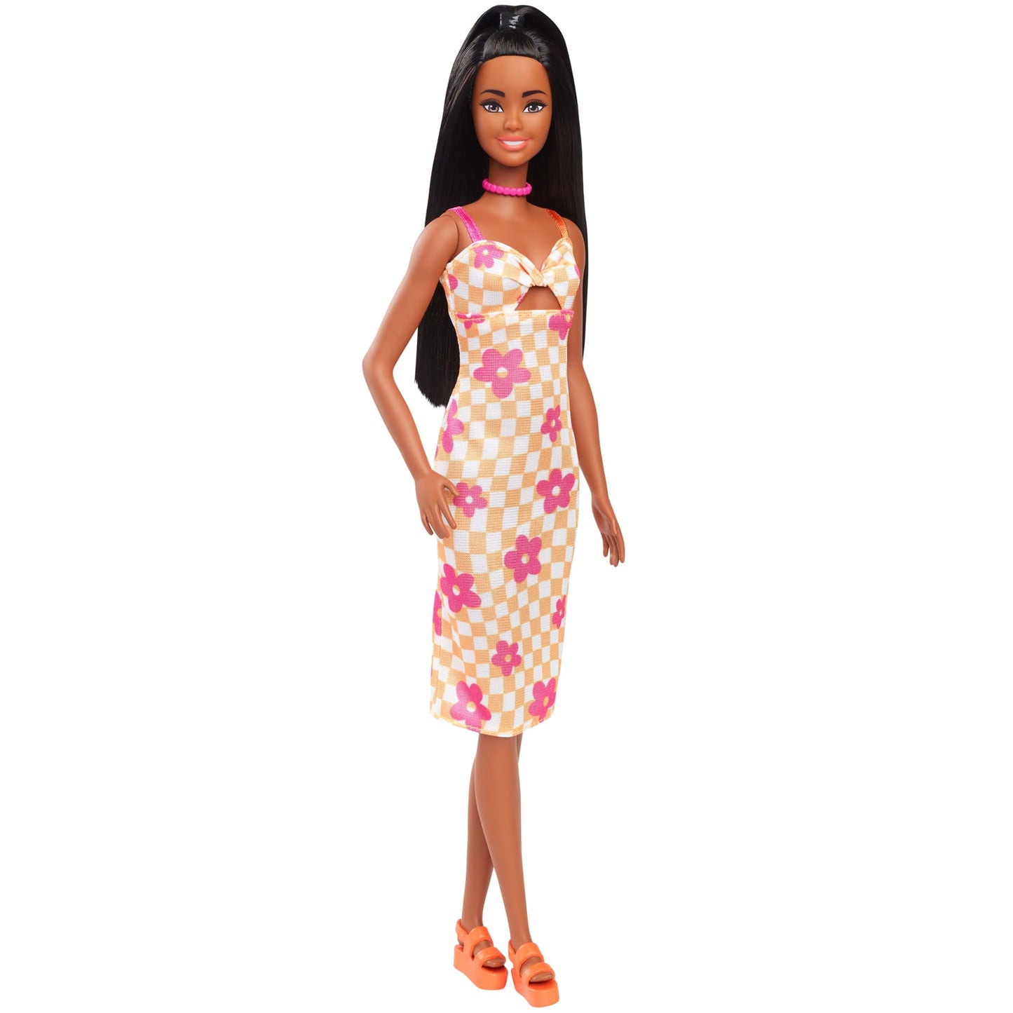 Barbie Fashionistas Doll #233 in Checkered Flower Midi Dress, Black Hair