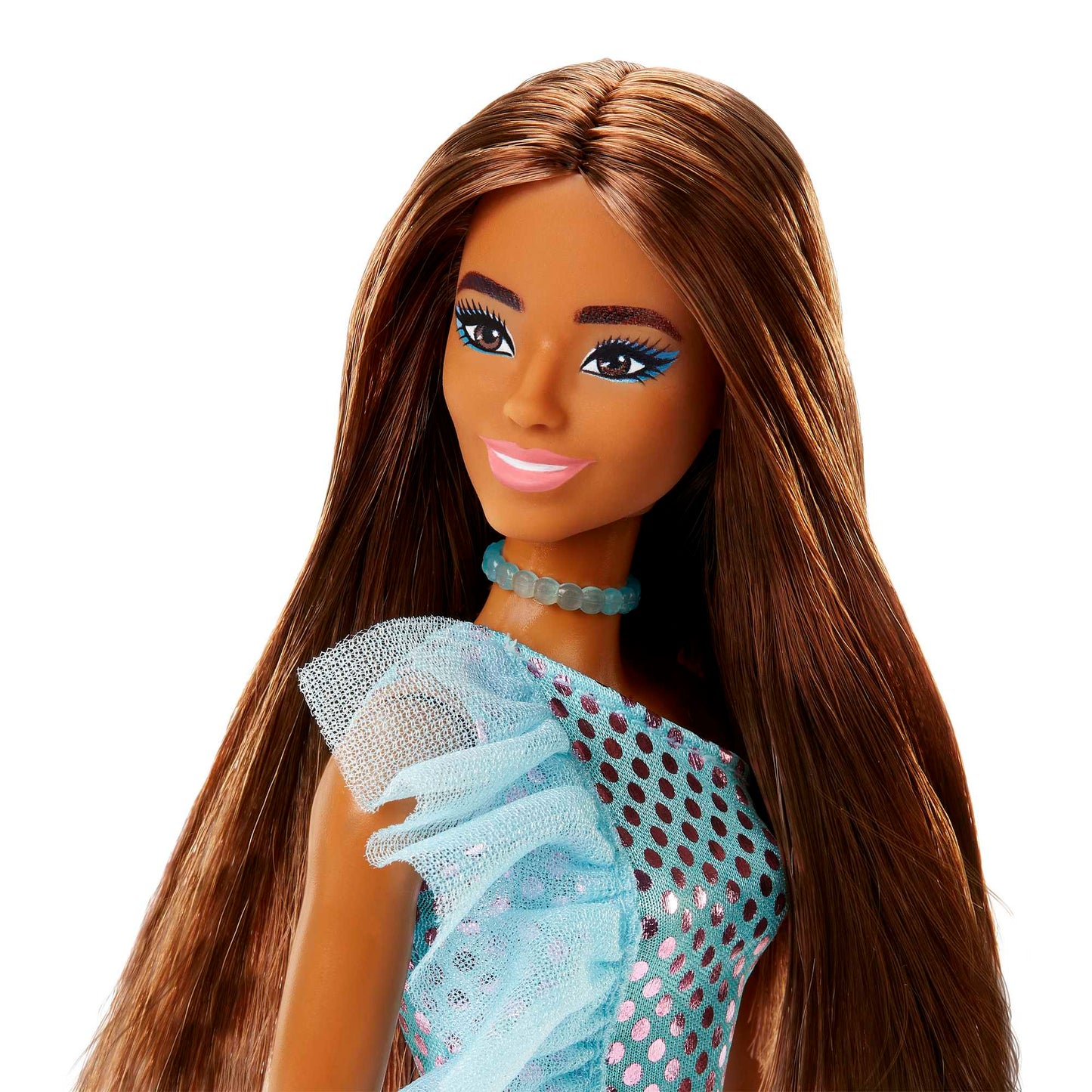 Barbie Poupée Brunette Avec Robe Sarcelle Métallique