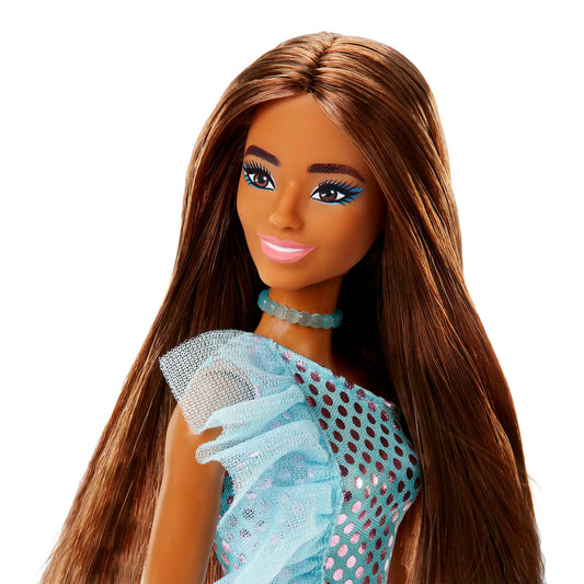 Barbie Poupée Brunette Avec Robe Sarcelle Métallique