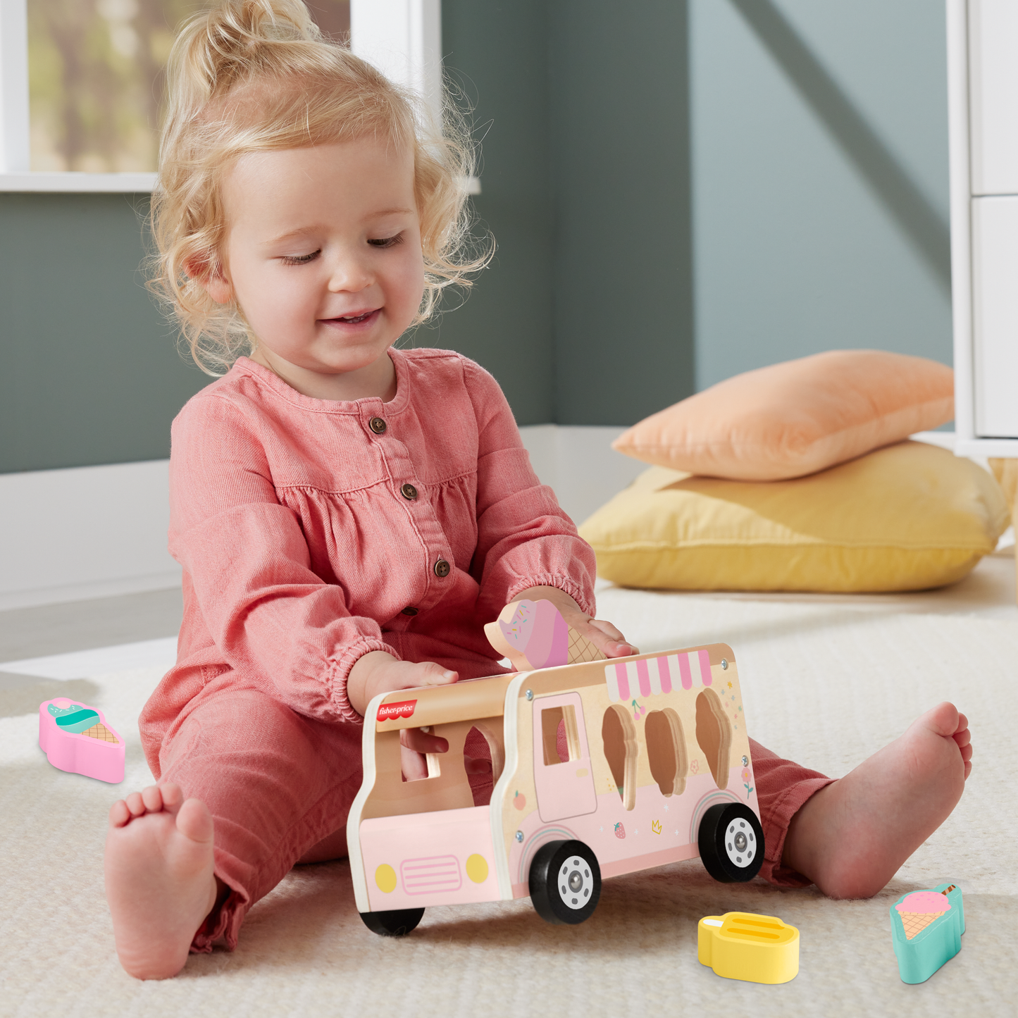 Fisher-Price Camion de Glaces Trieur de Formes en Bois, 8 Éléments
