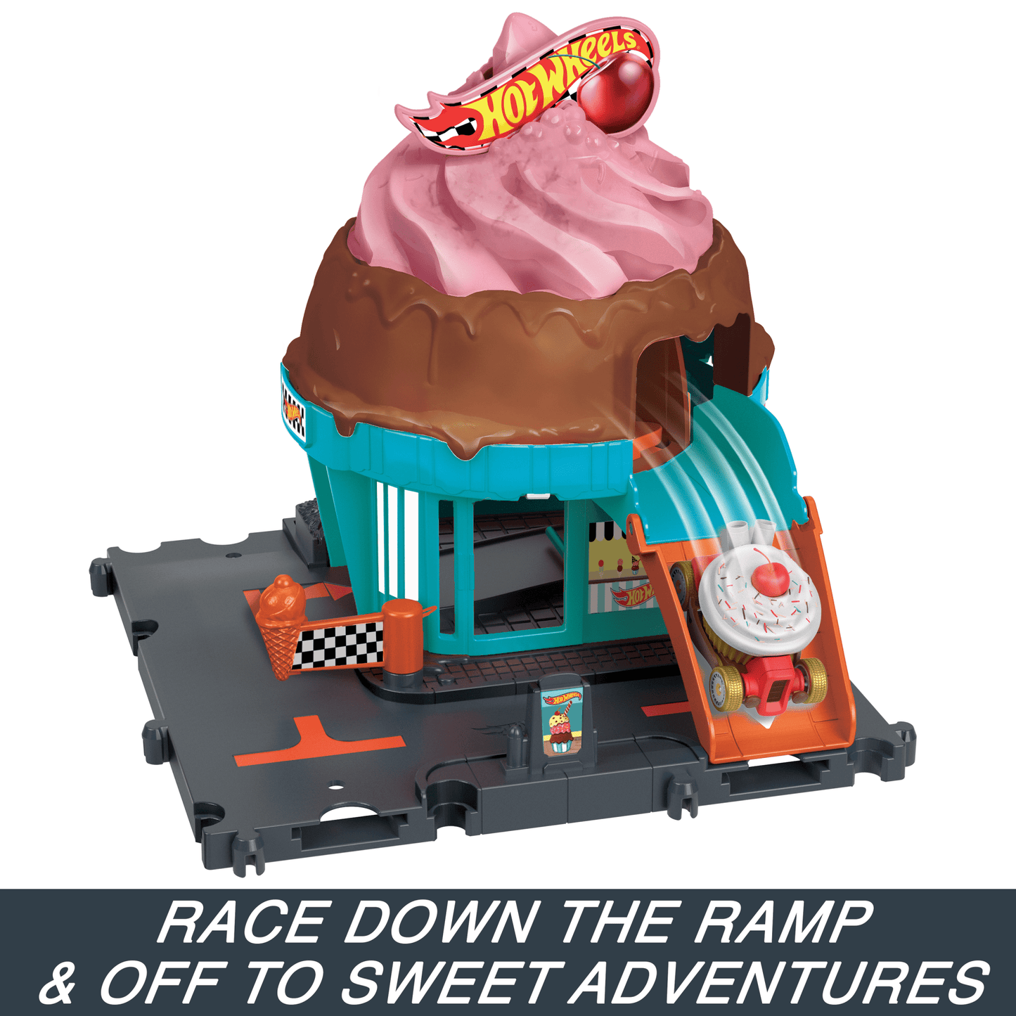 Hot Wheels City Downtown Ice Cream Swirl Playset From The Series “Let's Race” With 1 Toy Car