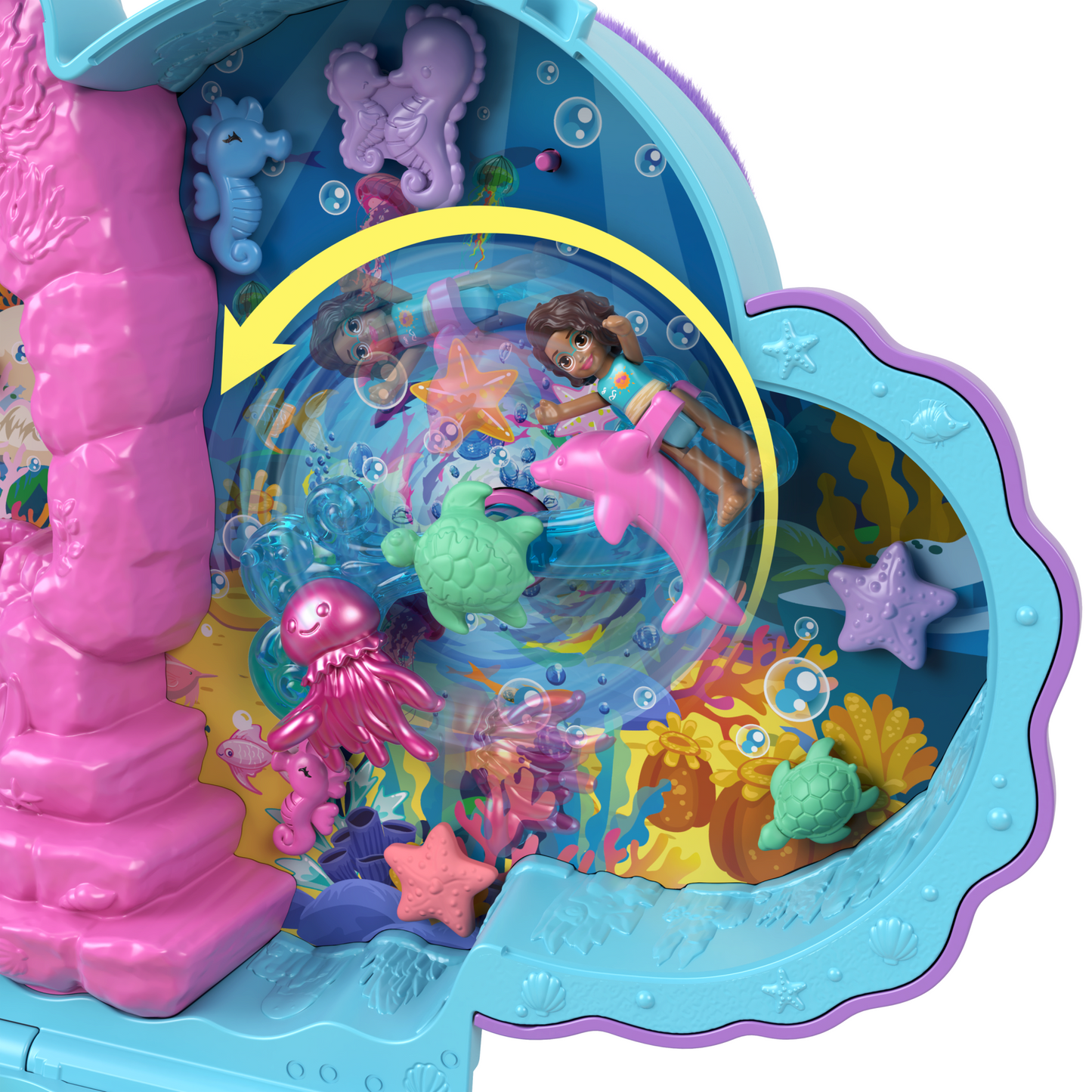 Polly Pocket Daddy & Me Seahorse Purse With 2 Micro Dolls, Pets & 13 Accessories, 2-in-1 Purse & Toy, Starring Shani