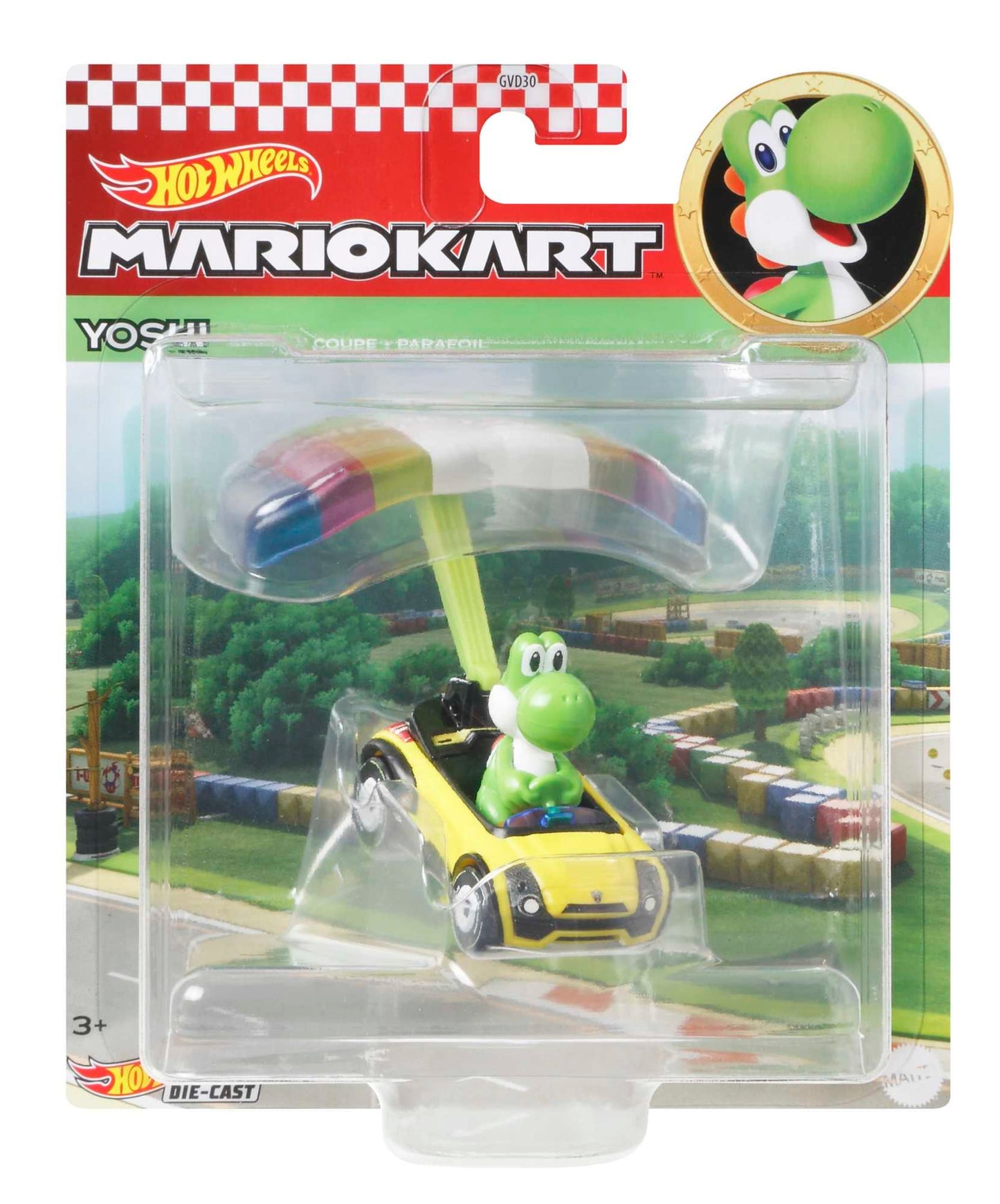 Hot Wheels Mario Kart Veículo de Brinquedo Yoshi Sports Coupê com Paraquedas
