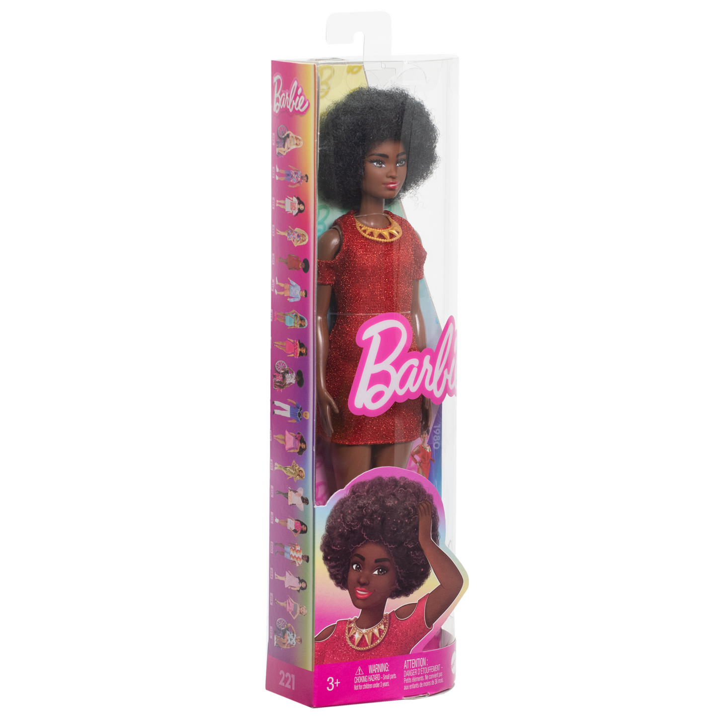 Barbie Fashionistas Doll #221 With Natural Black Hair, Red Dress & Accessories, 65th Anniversary